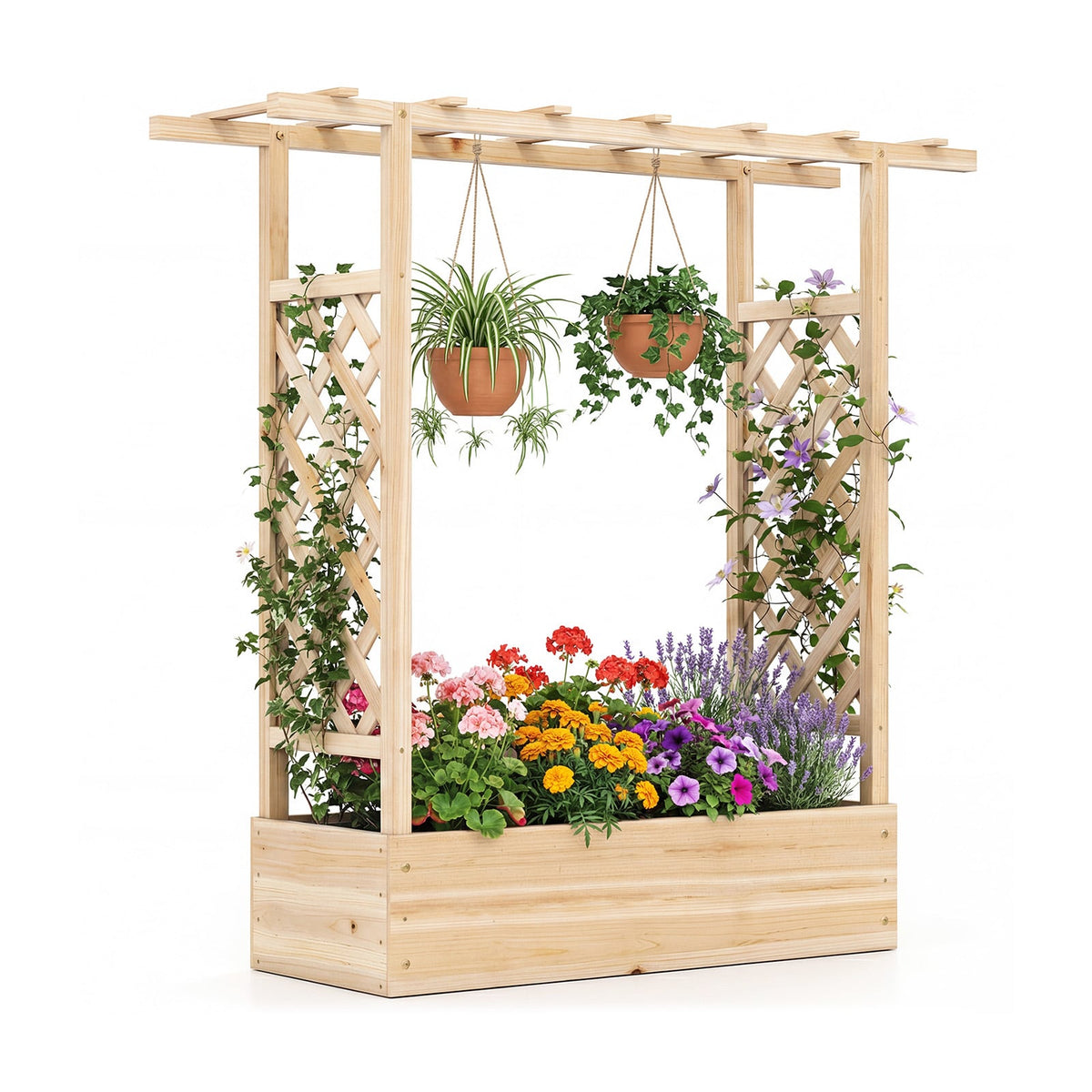 45 inch Tall Wooden Raised Garden Bed with Side Trellis and Hanging Roof-Natural-Raised Garden Beds-DECOROLALA
