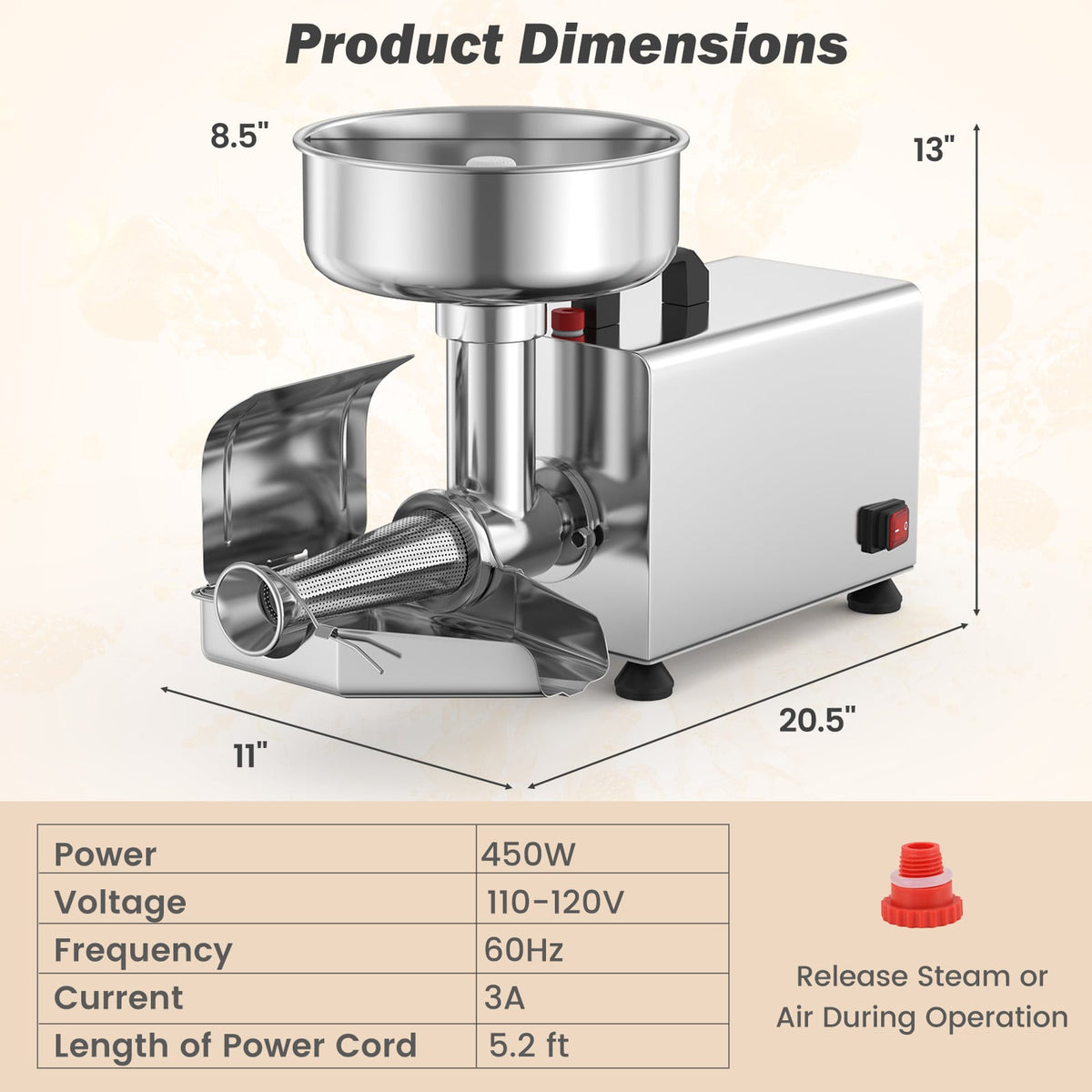 450W Electric Tomato Strainer Commercial Grade Food Mill Stainless Steel Sauce Maker-Food Grinders & Mills-DECOROLALA