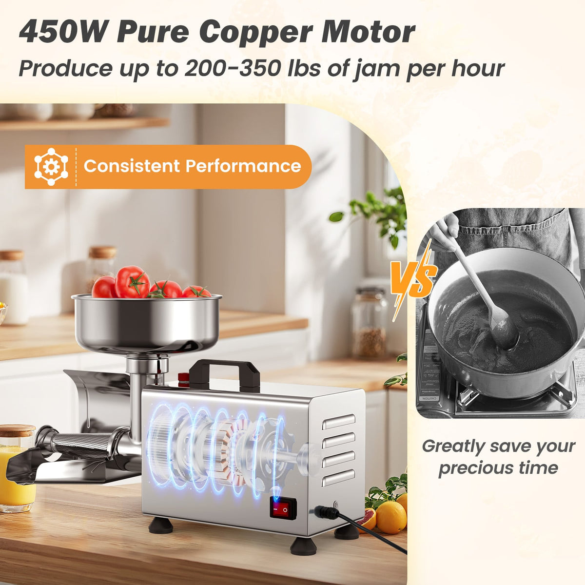 450W Electric Tomato Strainer Commercial Grade Food Mill Stainless Steel Sauce Maker-Food Grinders & Mills-DECOROLALA