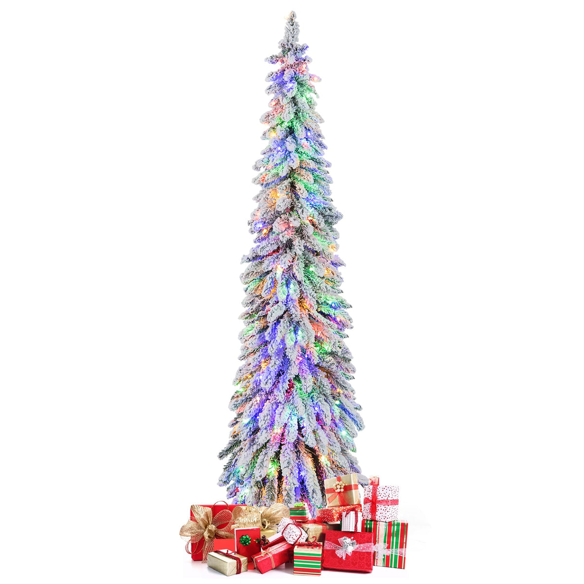 4/5/6 Feet Pre-Lit Artificial Christmas Tree Snow-Flocked Slim Pencil Xmas Decor-6 ft-Christmas Trees-DECOROLALA
