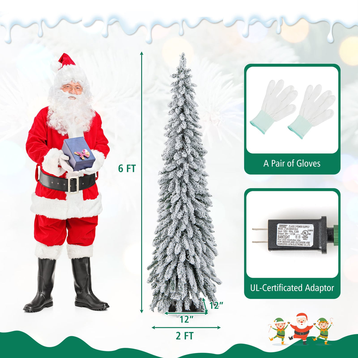 4/5/6 Feet Pre-Lit Artificial Christmas Tree Snow-Flocked Slim Pencil Xmas Decor-6 ft-Christmas Trees-DECOROLALA