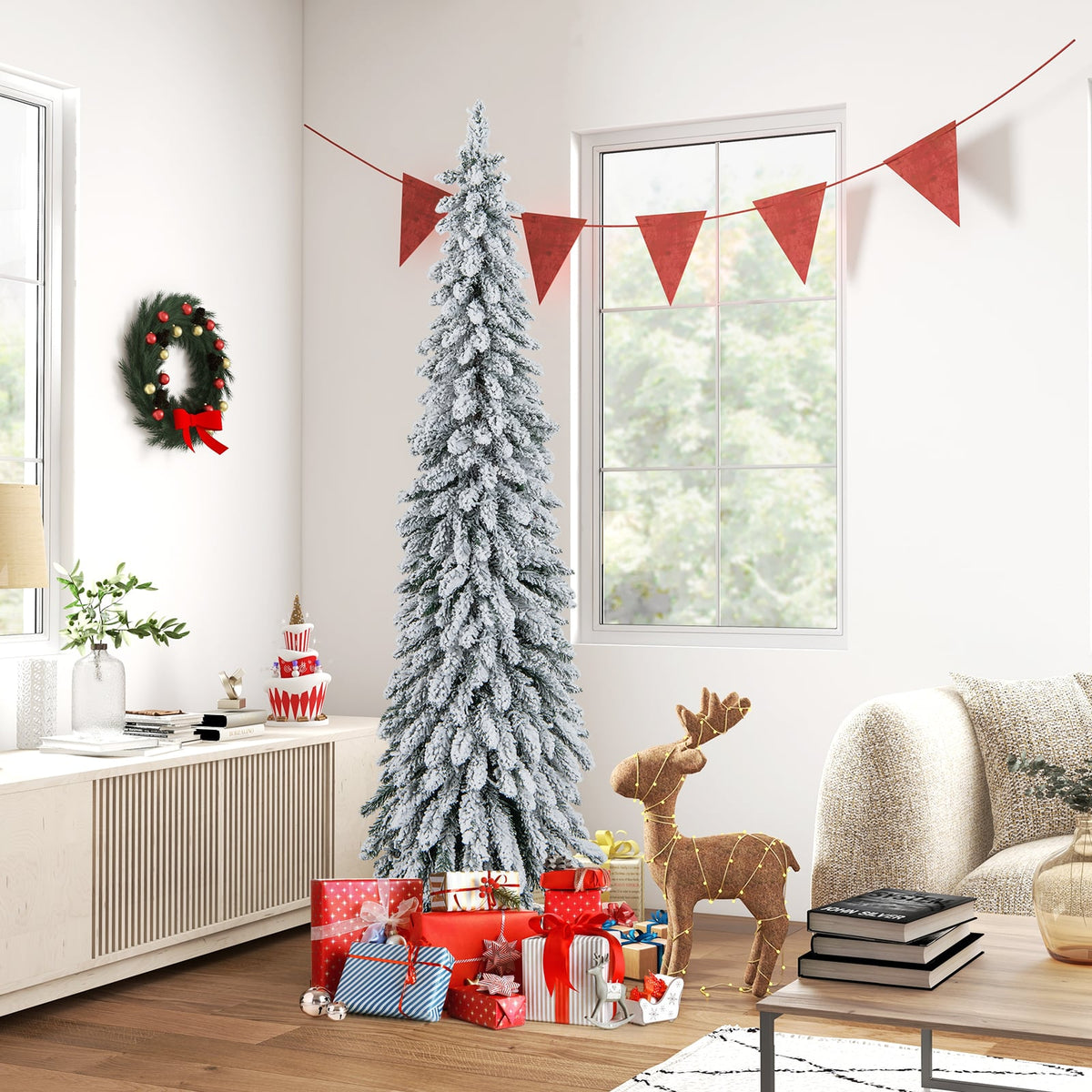 4/5/6 Feet Pre-Lit Artificial Christmas Tree Snow-Flocked Slim Pencil Xmas Decor-6 ft-Christmas Trees-DECOROLALA