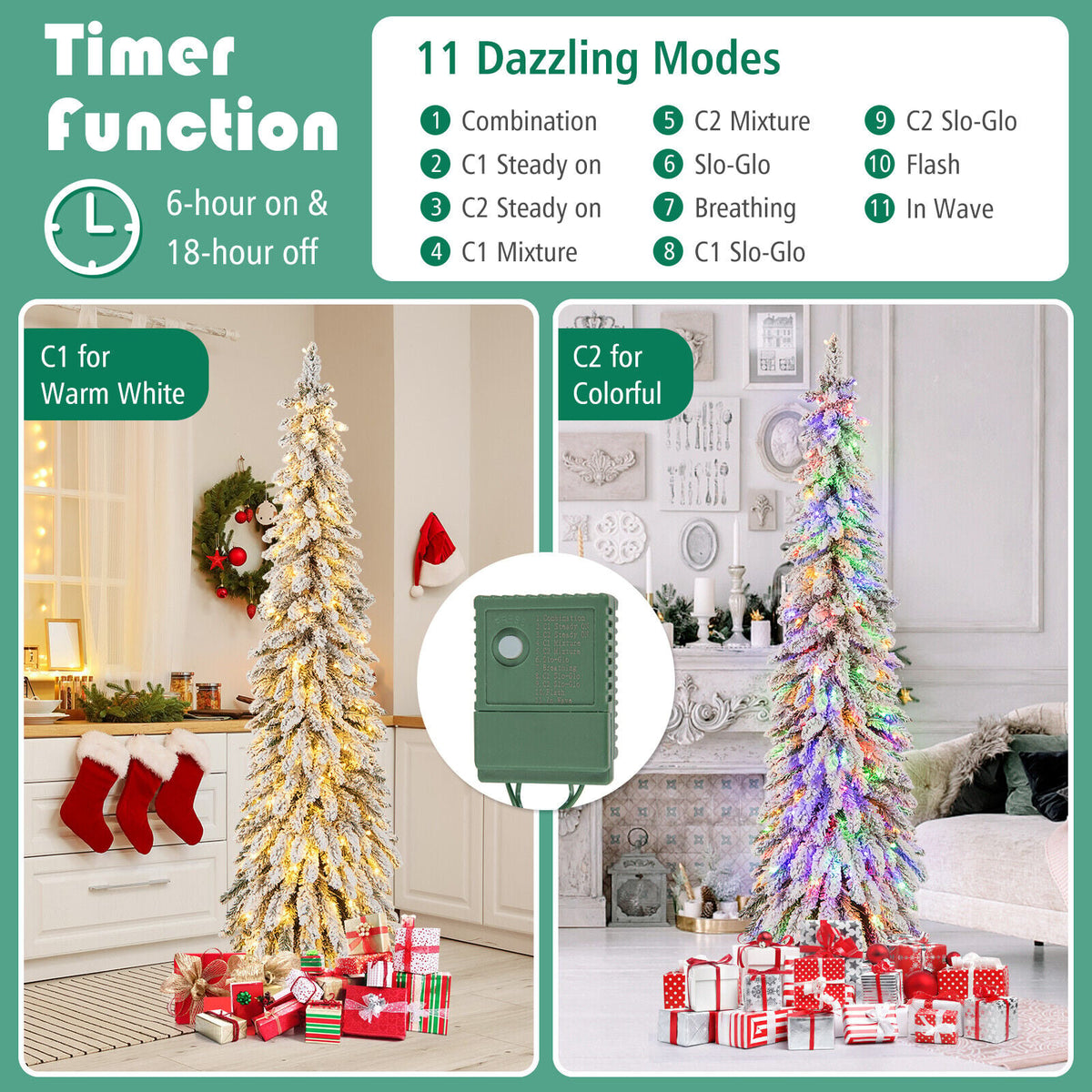 4/5/6 Feet Pre-Lit Artificial Christmas Tree Snow-Flocked Slim Pencil Xmas Decor-6 ft-Christmas Trees-DECOROLALA
