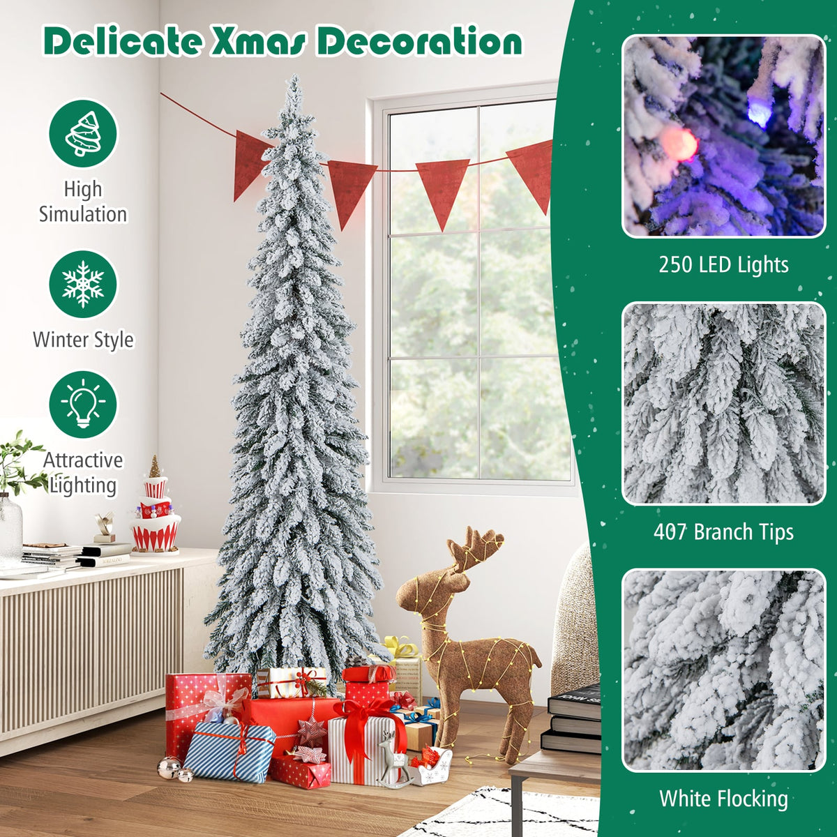 4/5/6 Feet Pre-Lit Artificial Christmas Tree Snow-Flocked Slim Pencil Xmas Decor-6 ft-Christmas Trees-DECOROLALA