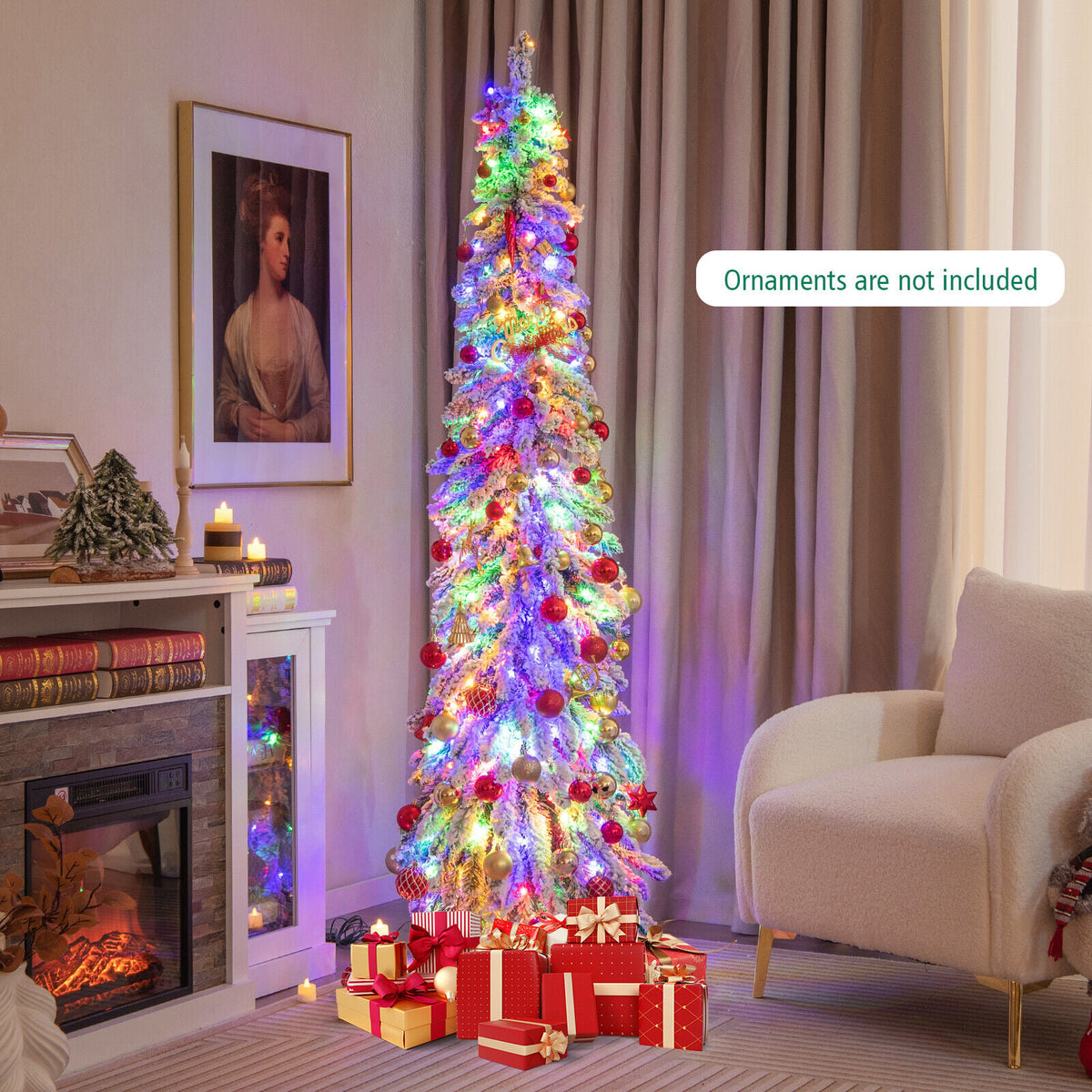 4/5/6 Feet Pre-Lit Artificial Christmas Tree Snow-Flocked Slim Pencil Xmas Decor-6 ft-Christmas Trees-DECOROLALA