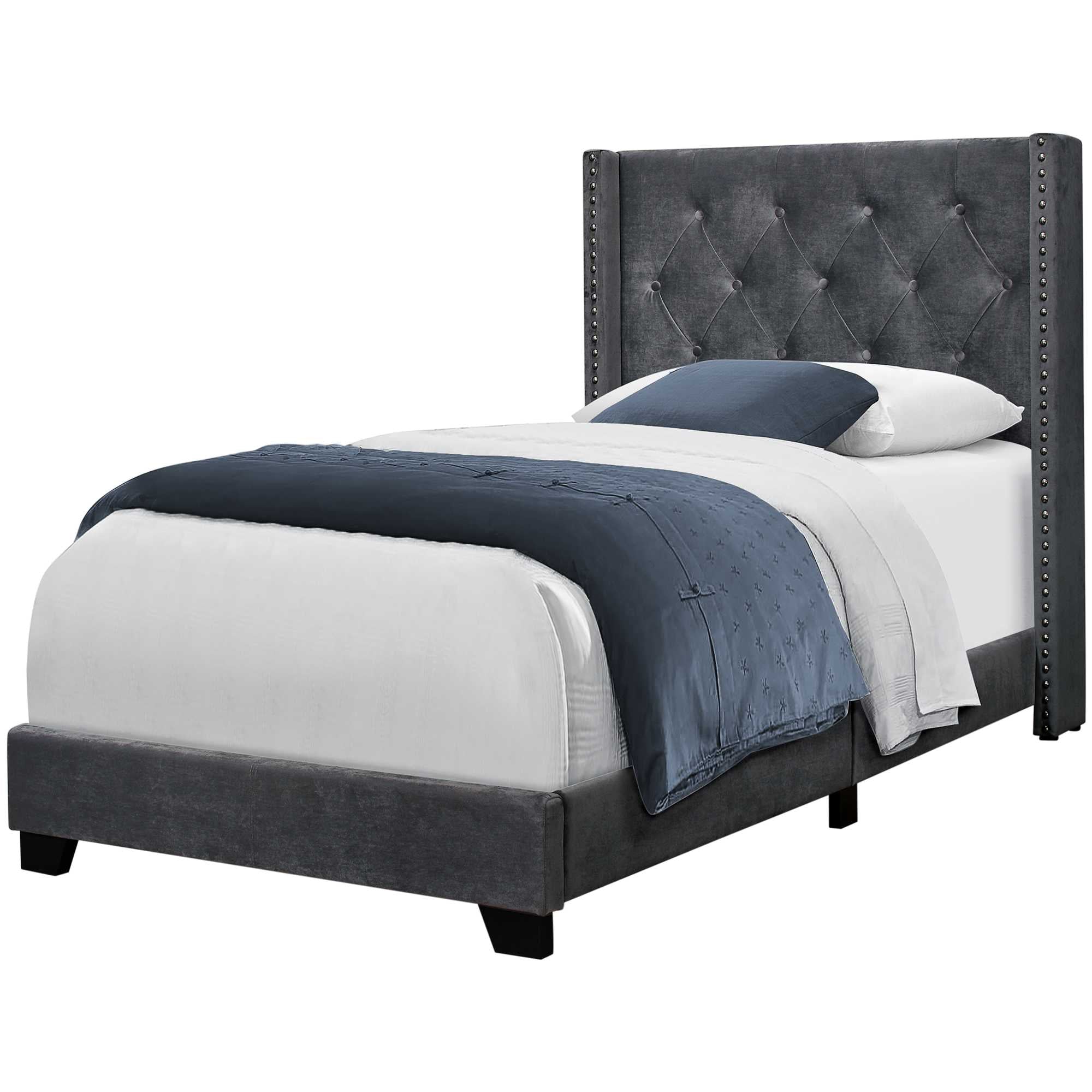 45.25" X 82.75" X 49.75" Dark Grey Velvet With Chrome Trim - Twin Size Bed-Standard Beds-DECOROLALA