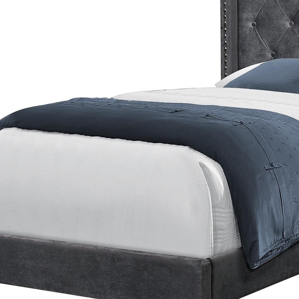 45.25" X 82.75" X 49.75" Dark Grey Velvet With Chrome Trim - Twin Size Bed-Standard Beds-DECOROLALA