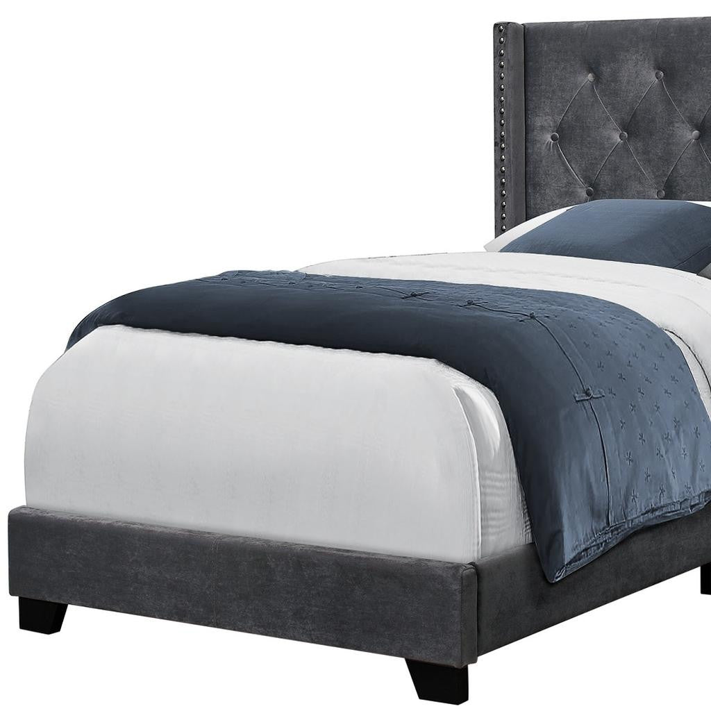 45.25" X 82.75" X 49.75" Dark Grey Velvet With Chrome Trim - Twin Size Bed-Standard Beds-DECOROLALA