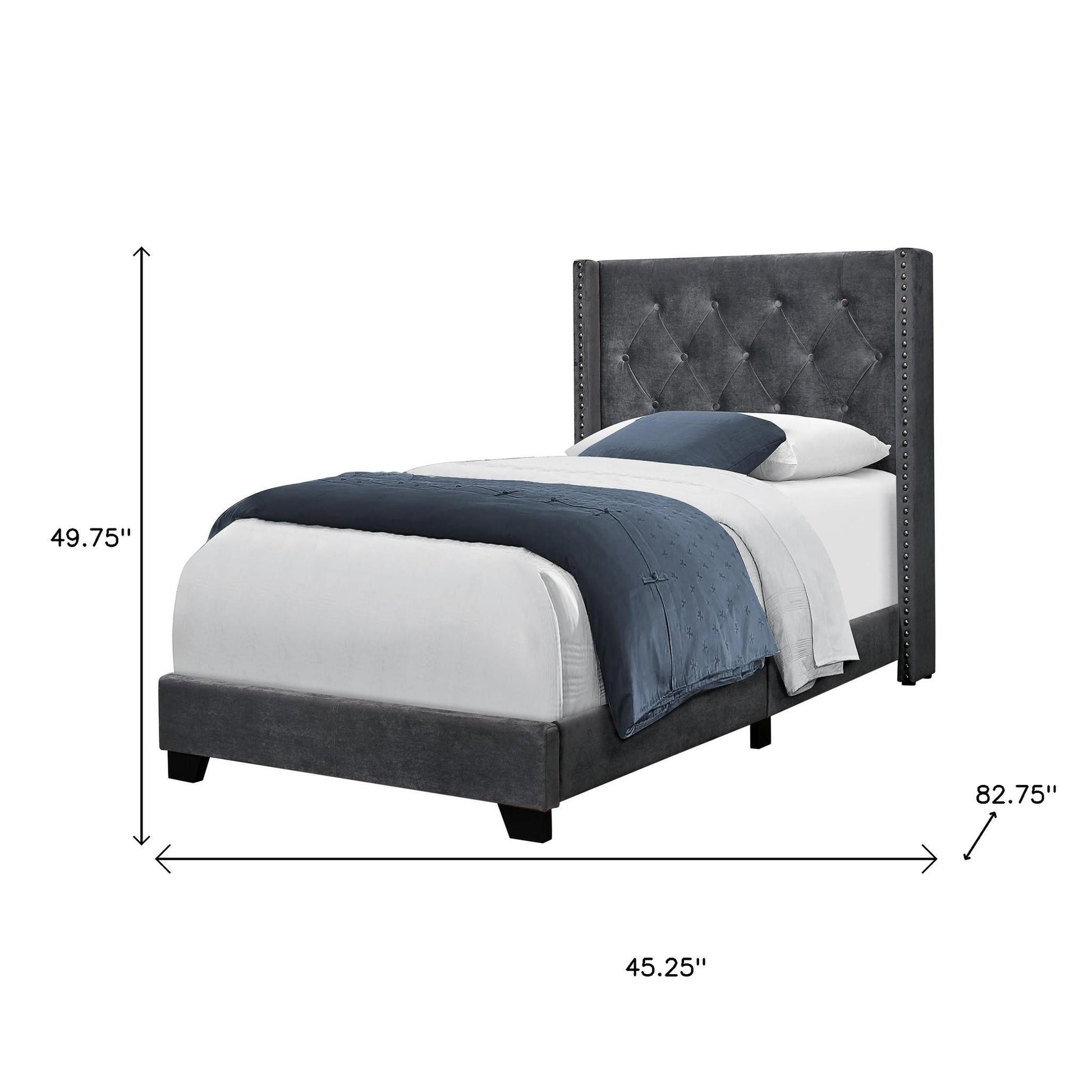 45.25" X 82.75" X 49.75" Dark Grey Velvet With Chrome Trim - Twin Size Bed-Standard Beds-DECOROLALA