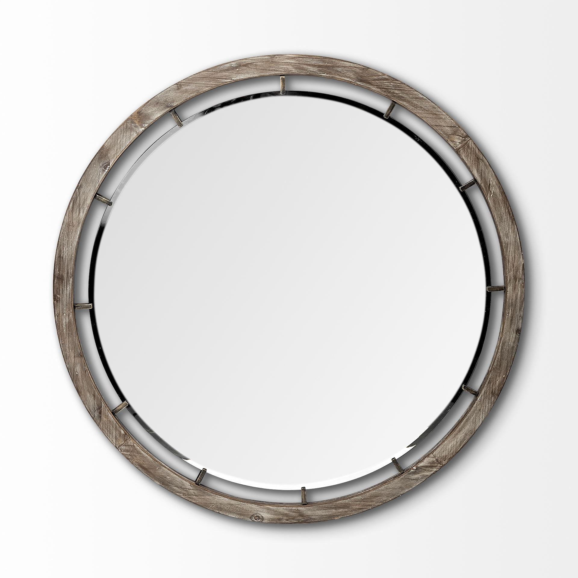 46" Brown Round Wood Framed Accent Mirror-Mirrors-DECOROLALA