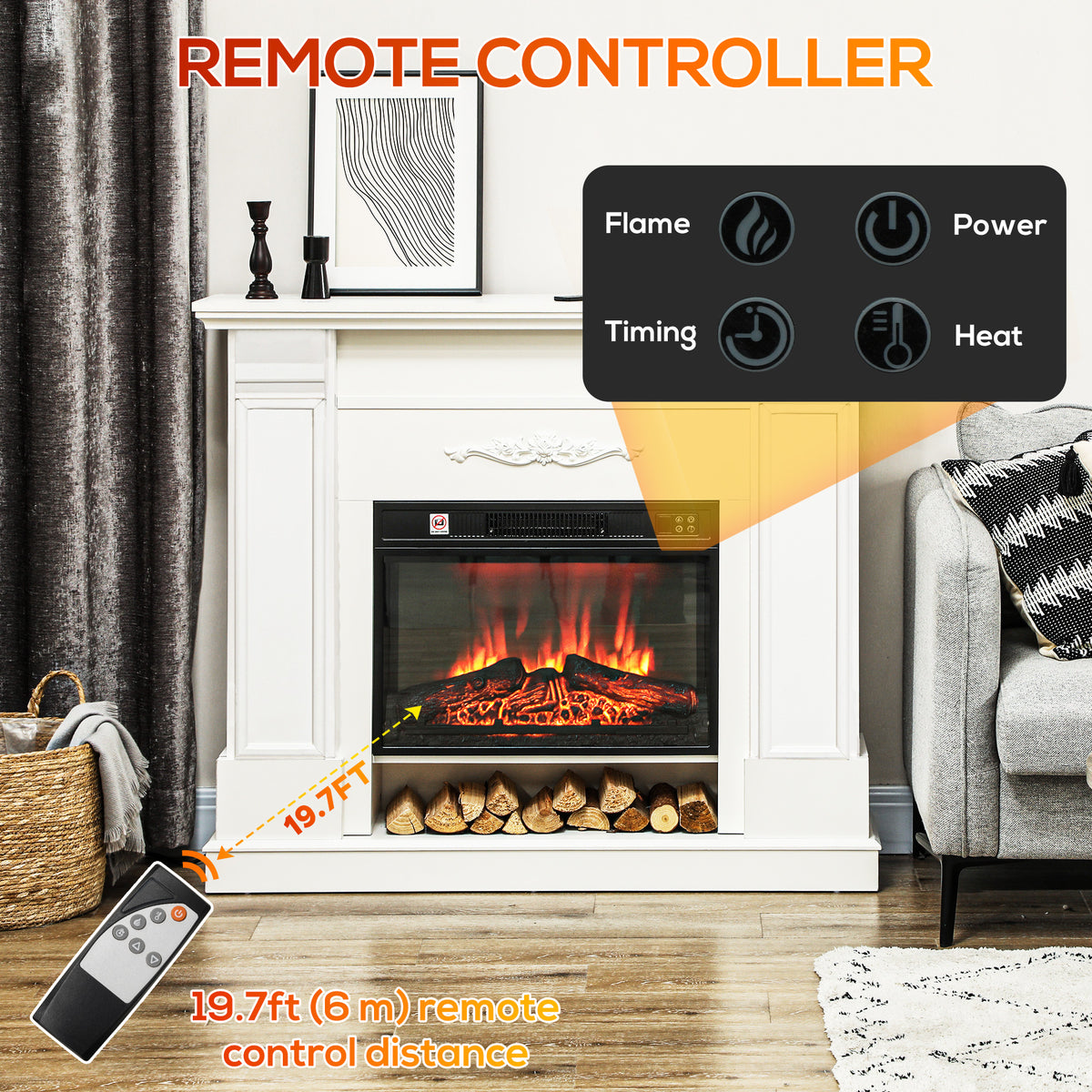 46" Electric Fireplace with Mantel and Shelf - White 1400W-Electric Fireplaces-DECOROLALA