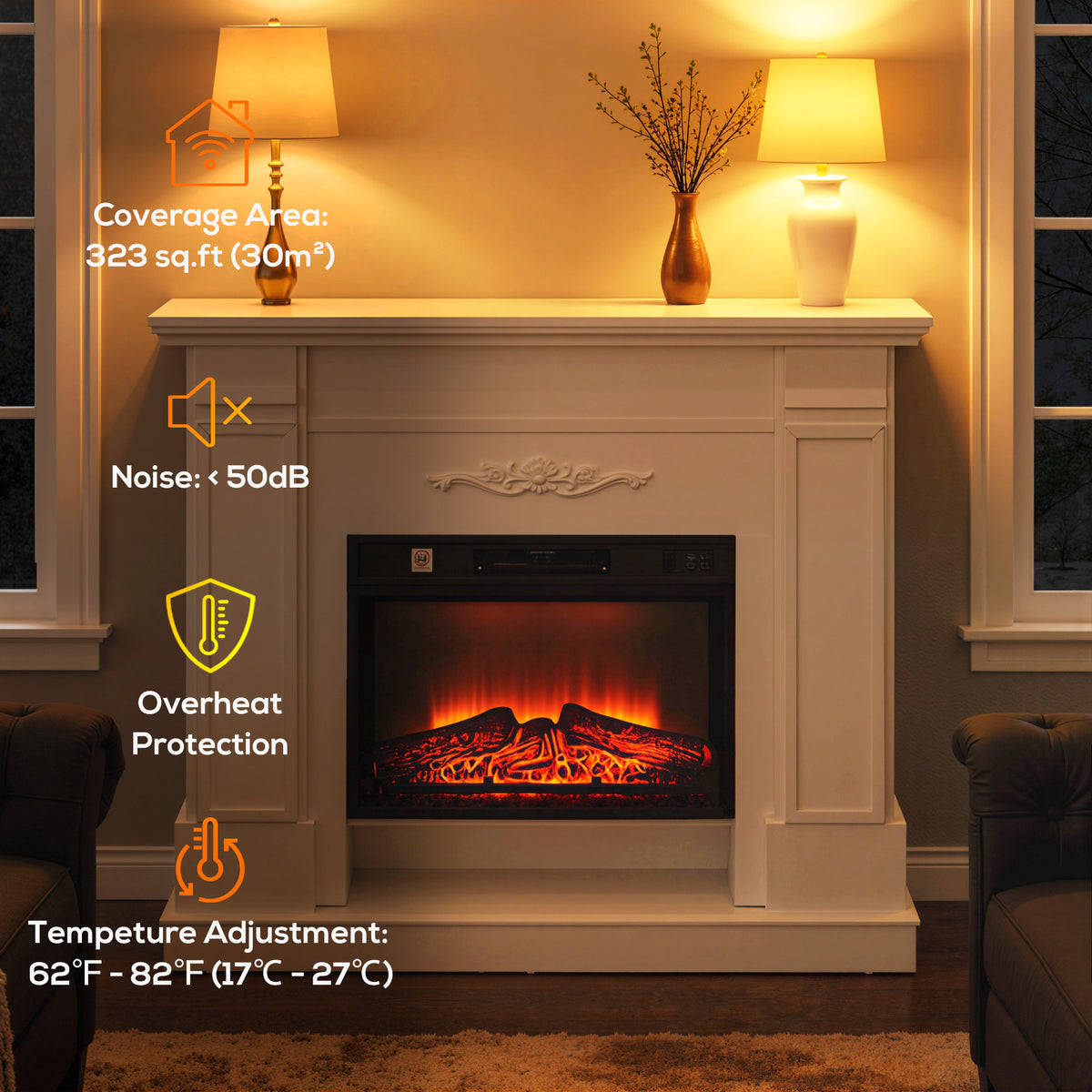46" Electric Fireplace with Mantel and Shelf - White 1400W-Electric Fireplaces-DECOROLALA