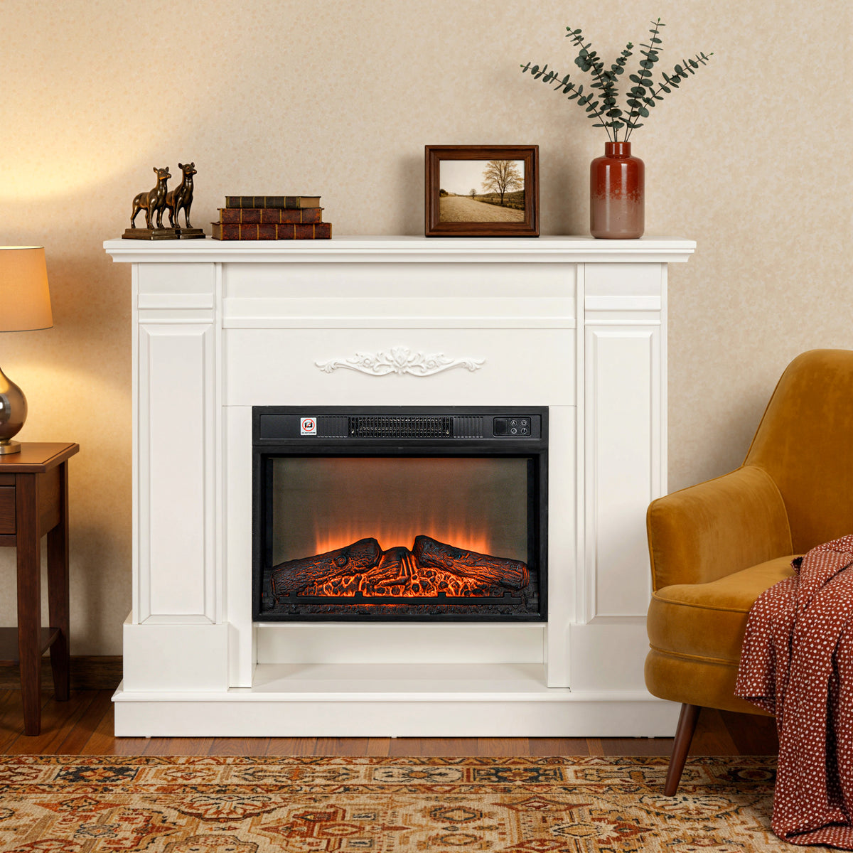 46" Electric Fireplace with Mantel and Shelf - White 1400W-Electric Fireplaces-DECOROLALA