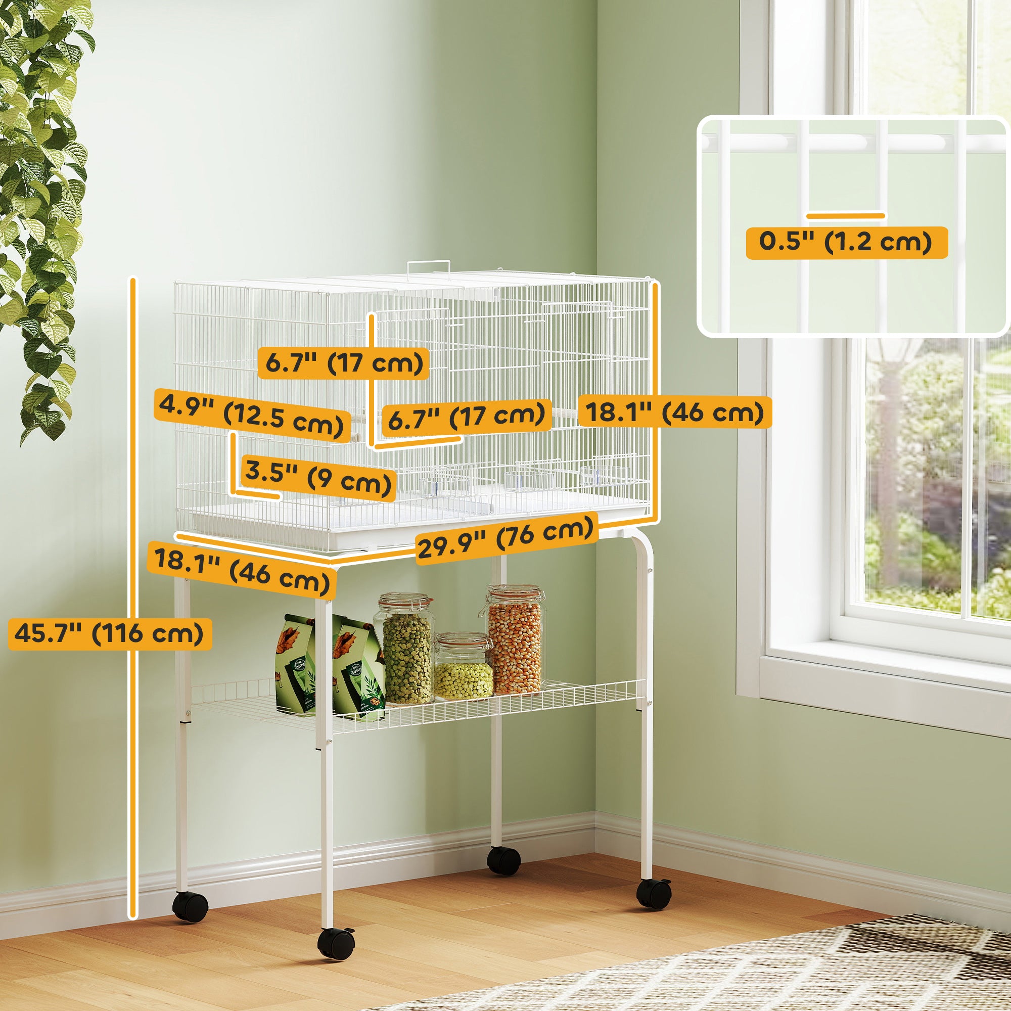 46" H Bird Cage, Large Parakeet Cage for Budgie, Lovebird, Canary, Finches with Divider, White-Birds-DECOROLALA