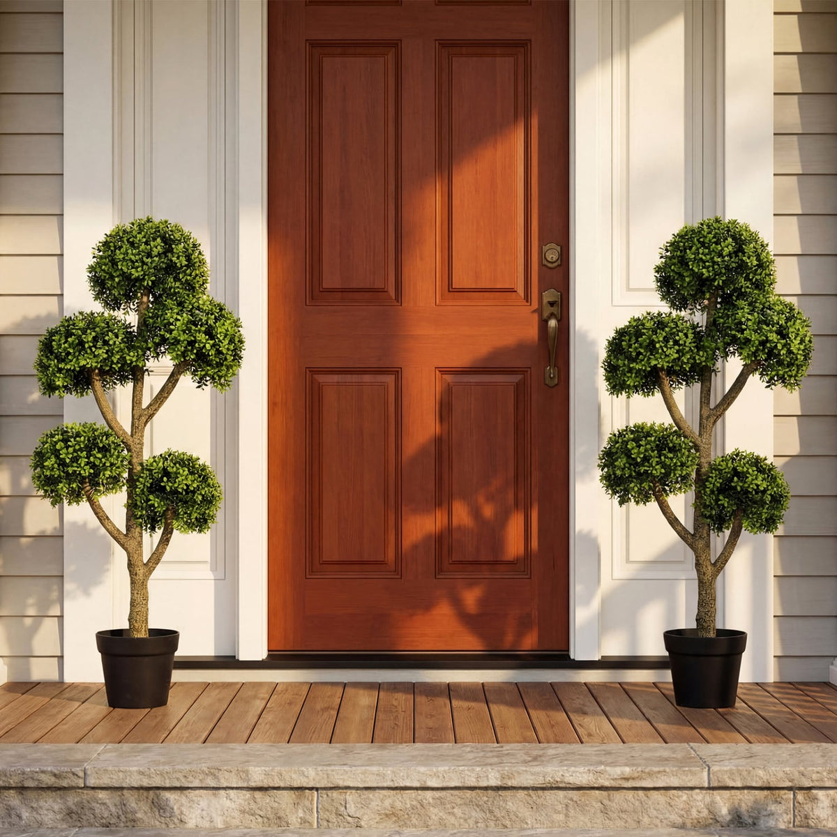 46-Inch Artificial Boxwood Topiary Tree Fake Potted Boxwood Tree with 5 Ball-Shaped Topiaries-Artificial Plants-DECOROLALA