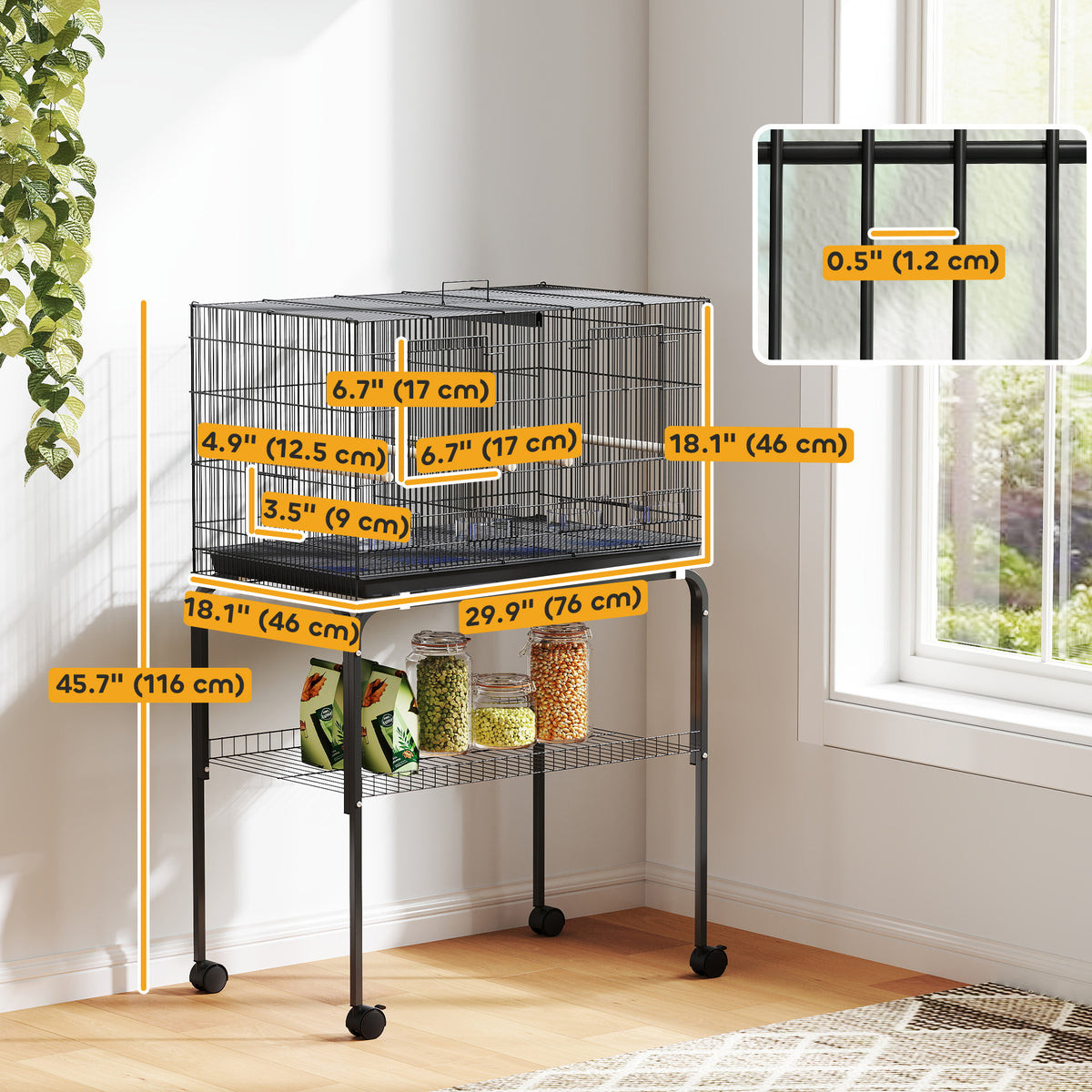 46" Large Bird Cage with Stand and Divider - Black Steel-Birds-DECOROLALA