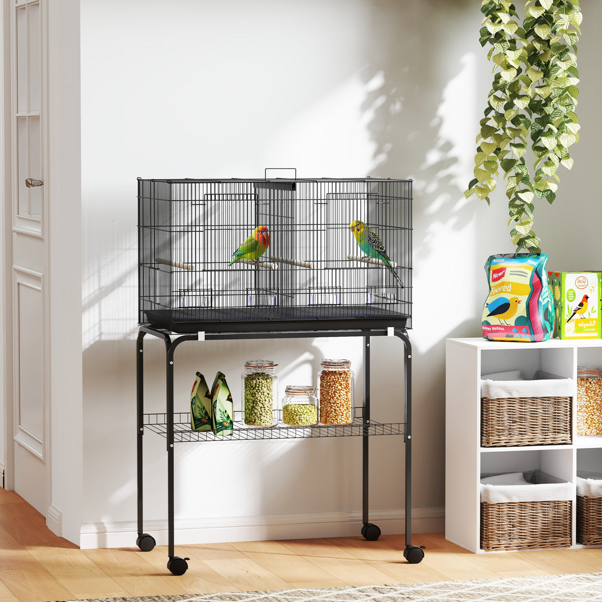 46" Large Bird Cage with Stand and Divider - Black Steel-Birds-DECOROLALA