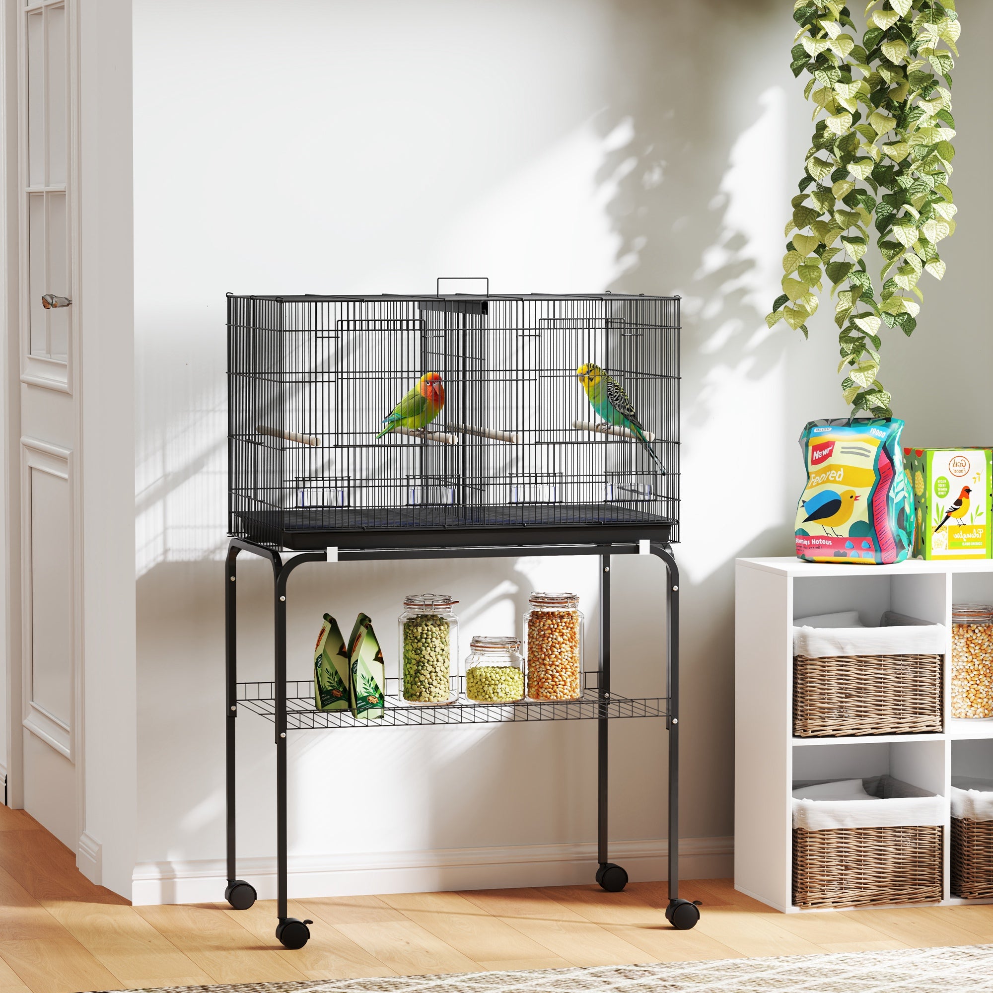 46" Large Bird Cage with Stand and Divider - Black Steel-Birds-DECOROLALA