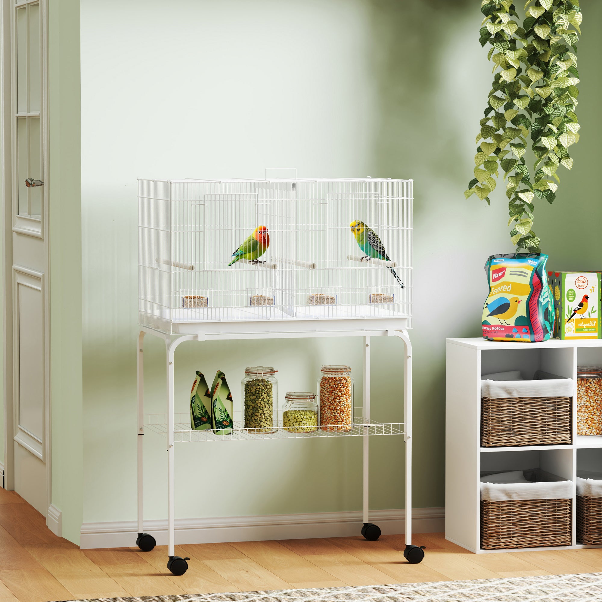 46" Large Bird Cage with Stand and Wheels - White Steel-Birds-DECOROLALA