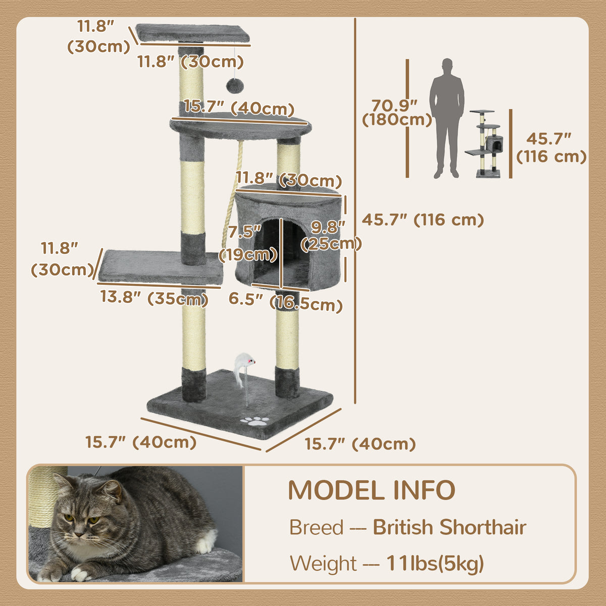 46" Multi-Level Cat Tree Tower with Condo and Toys - Grey-Cats-DECOROLALA