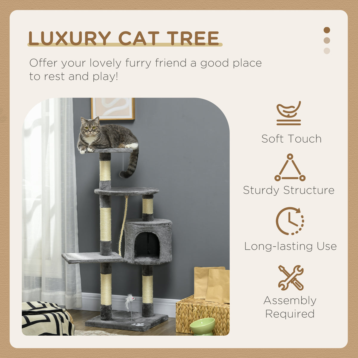 46" Multi-Level Cat Tree Tower with Condo and Toys - Grey-Cats-DECOROLALA
