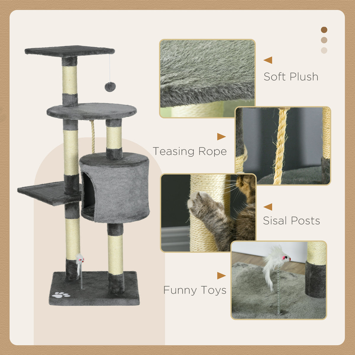46" Multi-Level Cat Tree Tower with Condo and Toys - Grey-Cats-DECOROLALA