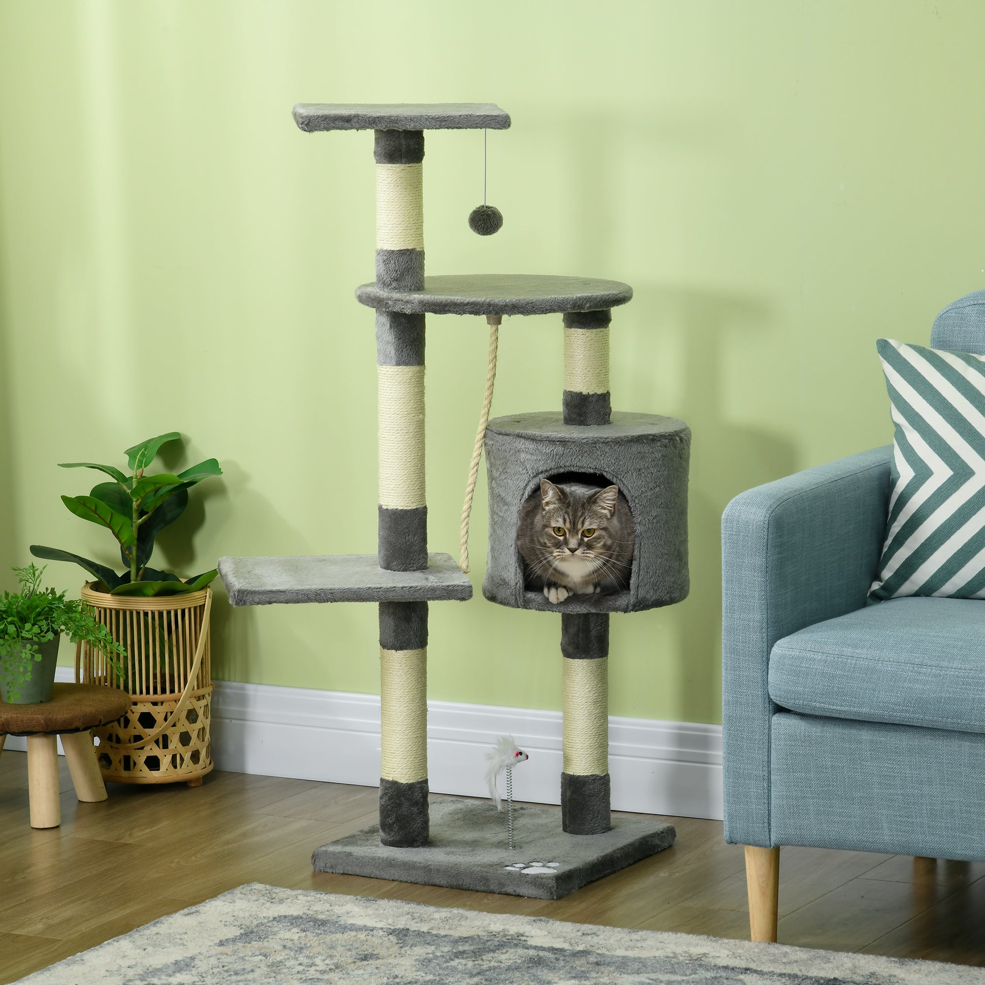 46" Multi-Level Cat Tree Tower with Condo and Toys - Grey-Cats-DECOROLALA
