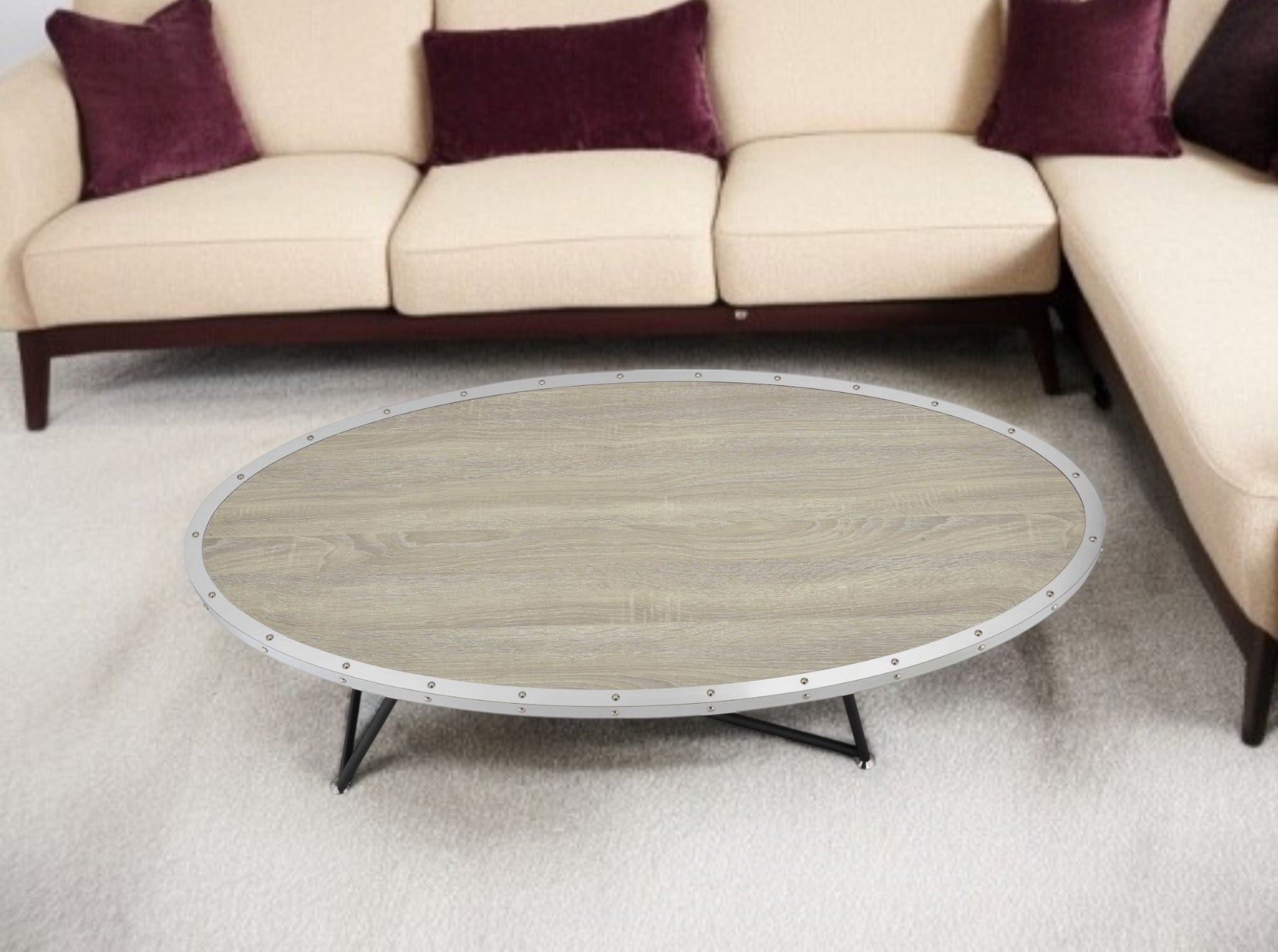 46" Natural and Black Wood And Iron Round Abstract Coffee Table-Coffee Tables-DECOROLALA