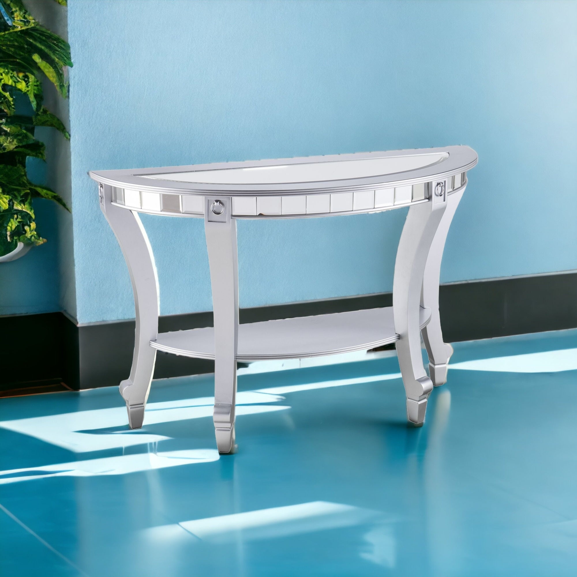 46" Silver Mirrored Glass Half Circle Console Table With Storage-Console Tables-DECOROLALA