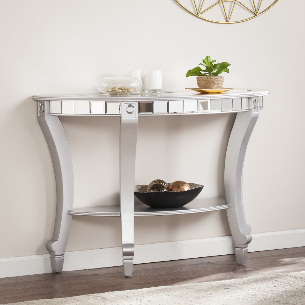 46" Silver Mirrored Glass Half Circle Console Table With Storage-Console Tables-DECOROLALA