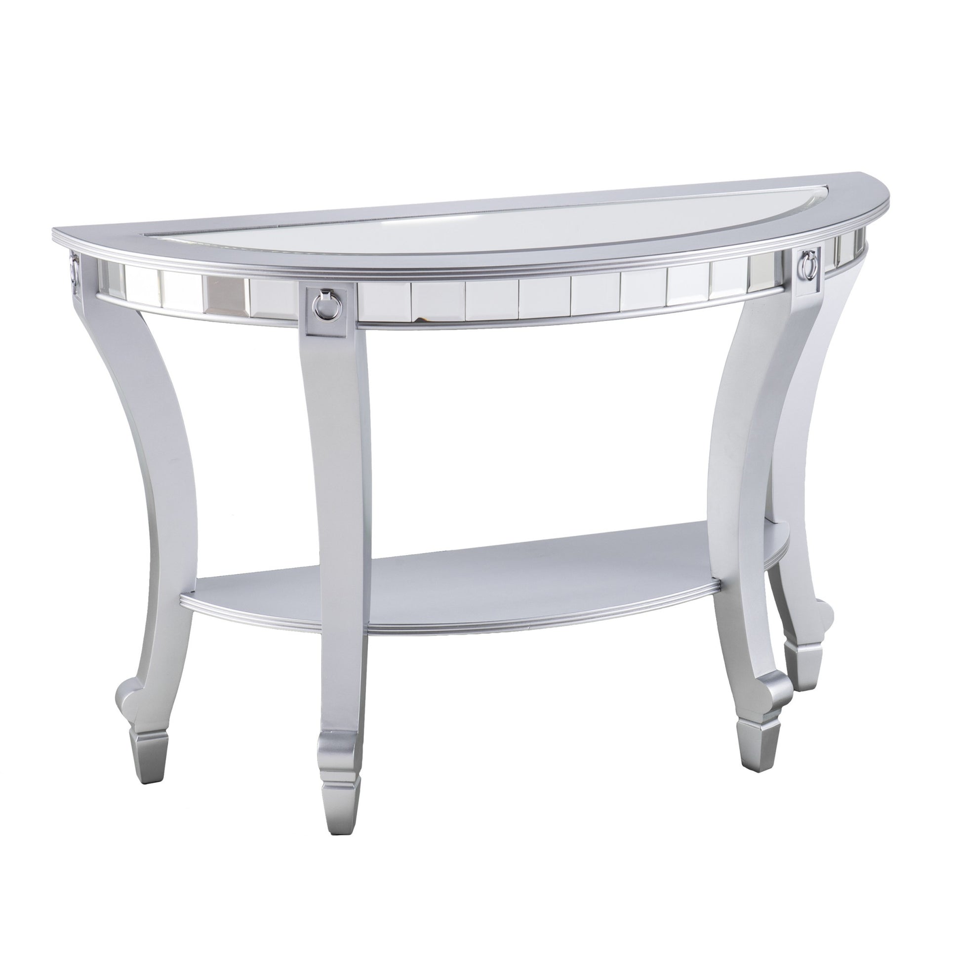 46" Silver Mirrored Glass Half Circle Console Table With Storage-Console Tables-DECOROLALA