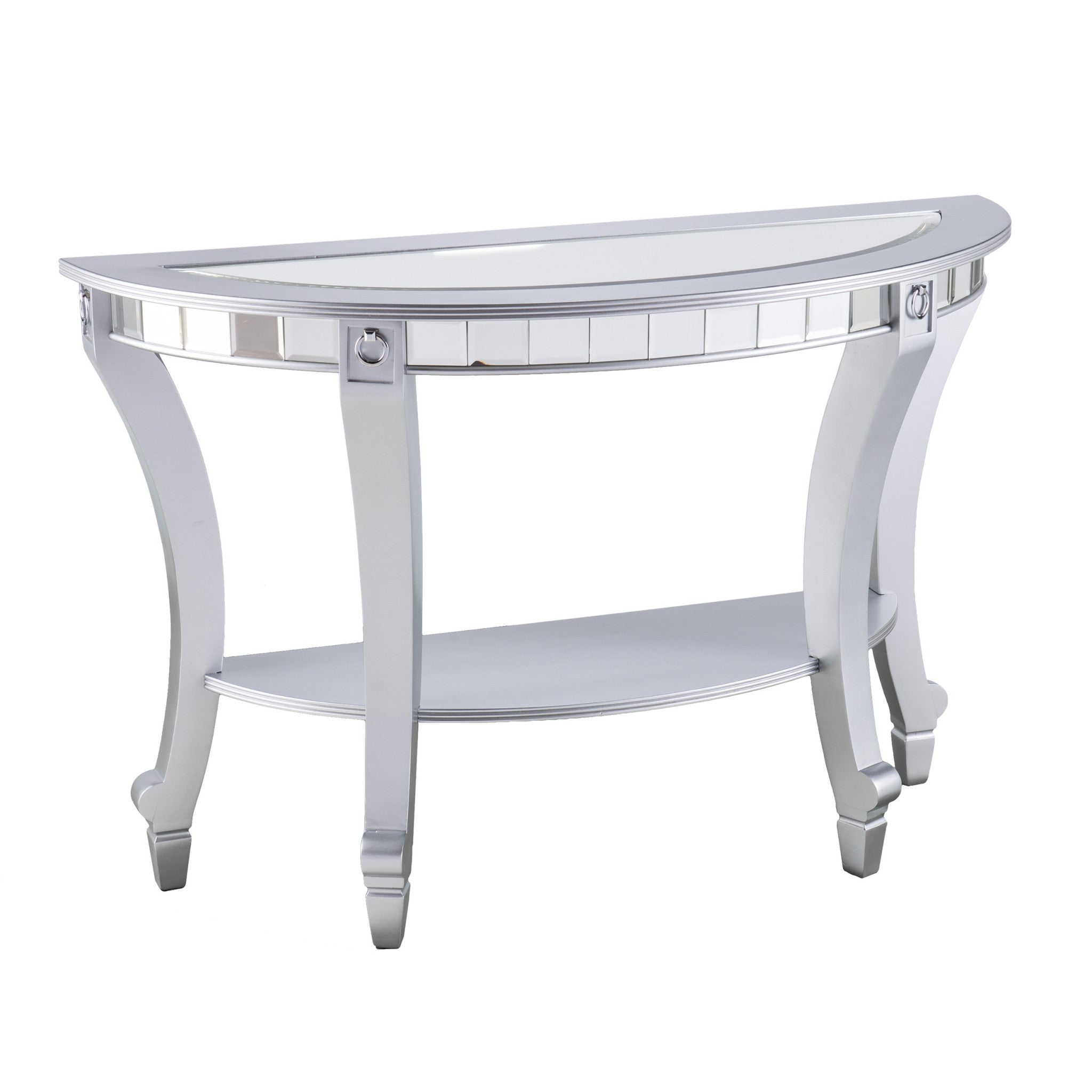 46" Silver Mirrored Glass Half Circle Console Table With Storage-Console Tables-DECOROLALA