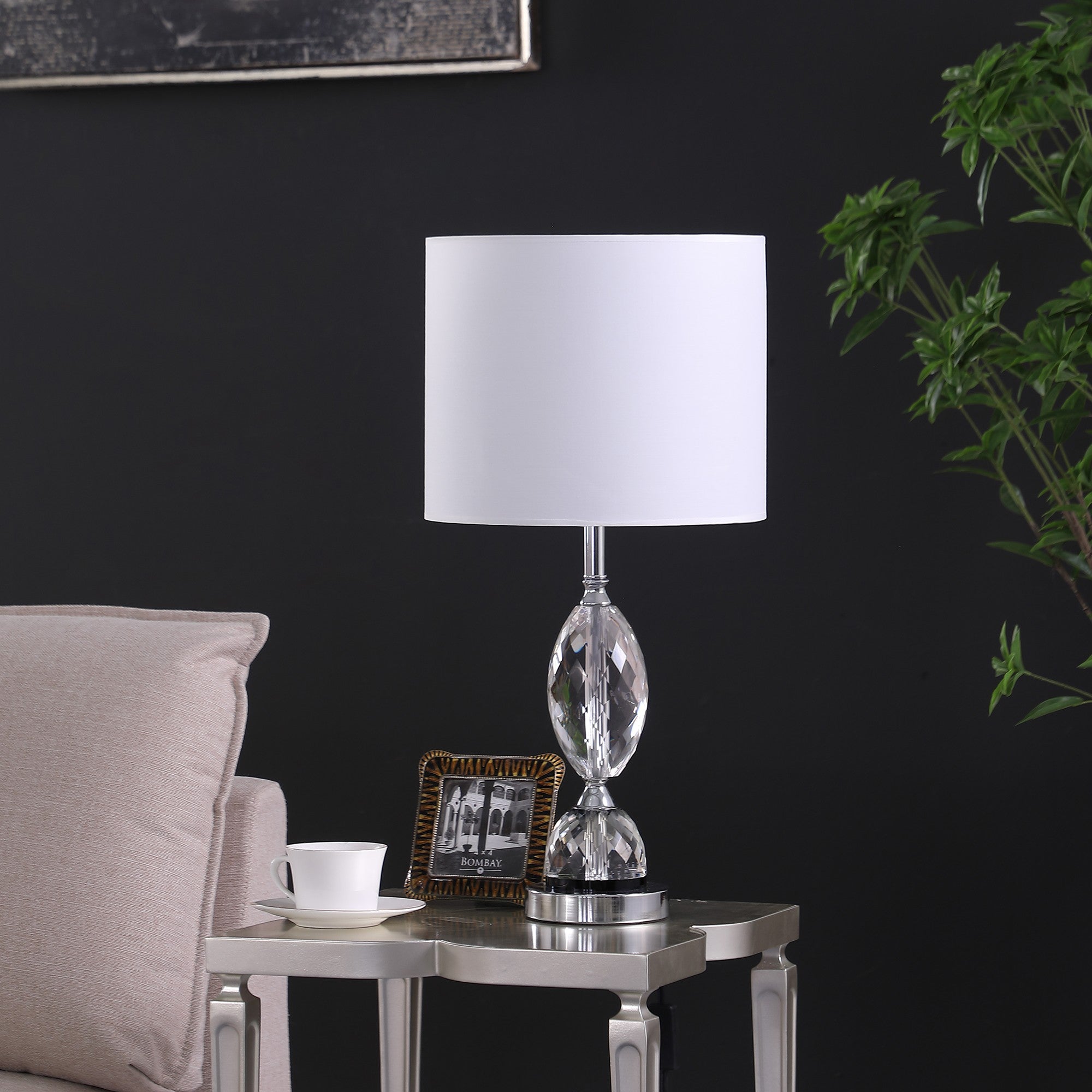 24" Silver Crystal Standard Table Lamp With White Shade-Table Lamps-DECOROLALA