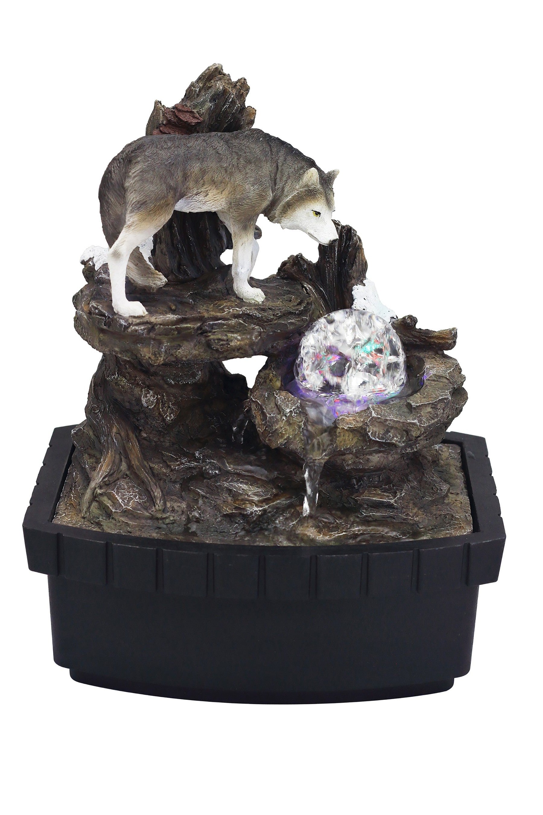 10" Black Polyresin Wolf Tabletop Fountain Sculpture-Sculptures-DECOROLALA
