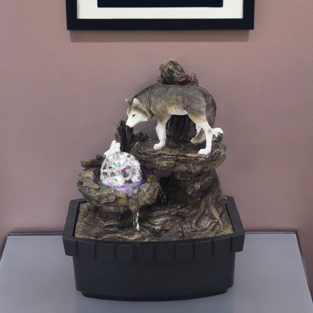10" Black Polyresin Wolf Tabletop Fountain Sculpture-Sculptures-DECOROLALA