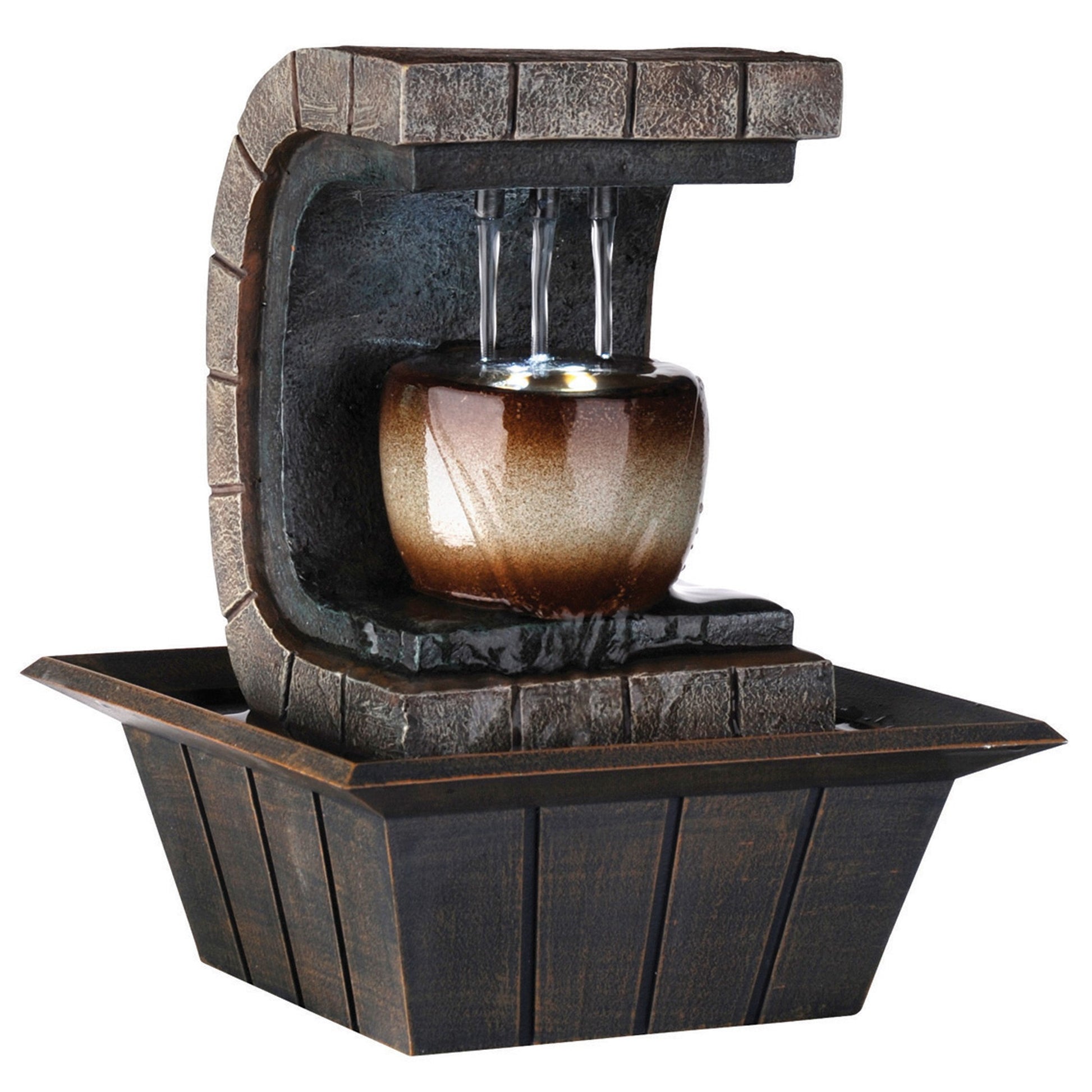 10" Brown Textured Polyresin Tabletop Fountain with LED Light-Sculptures-DECOROLALA