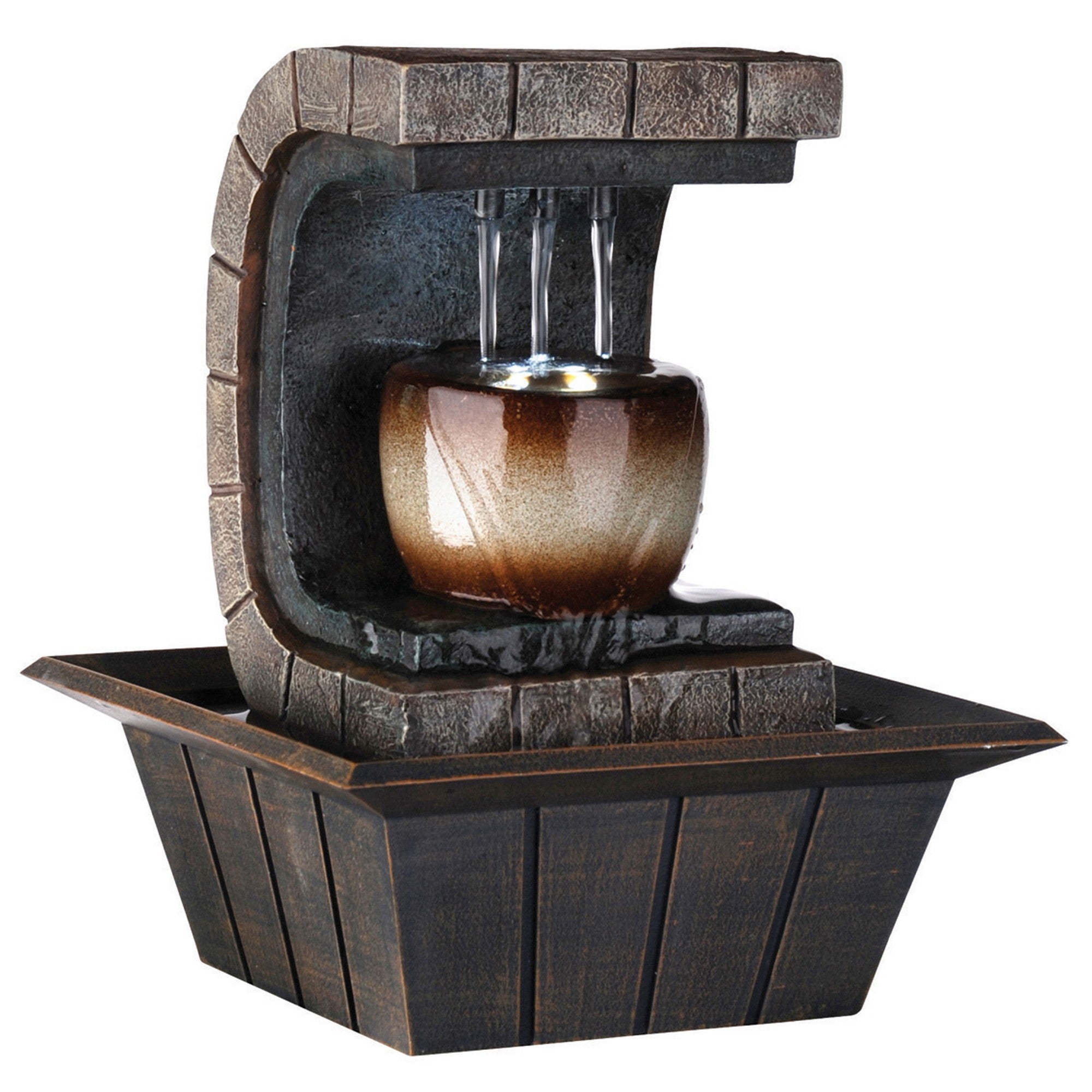 10" Brown Textured Polyresin Tabletop Fountain with LED Light-Sculptures-DECOROLALA