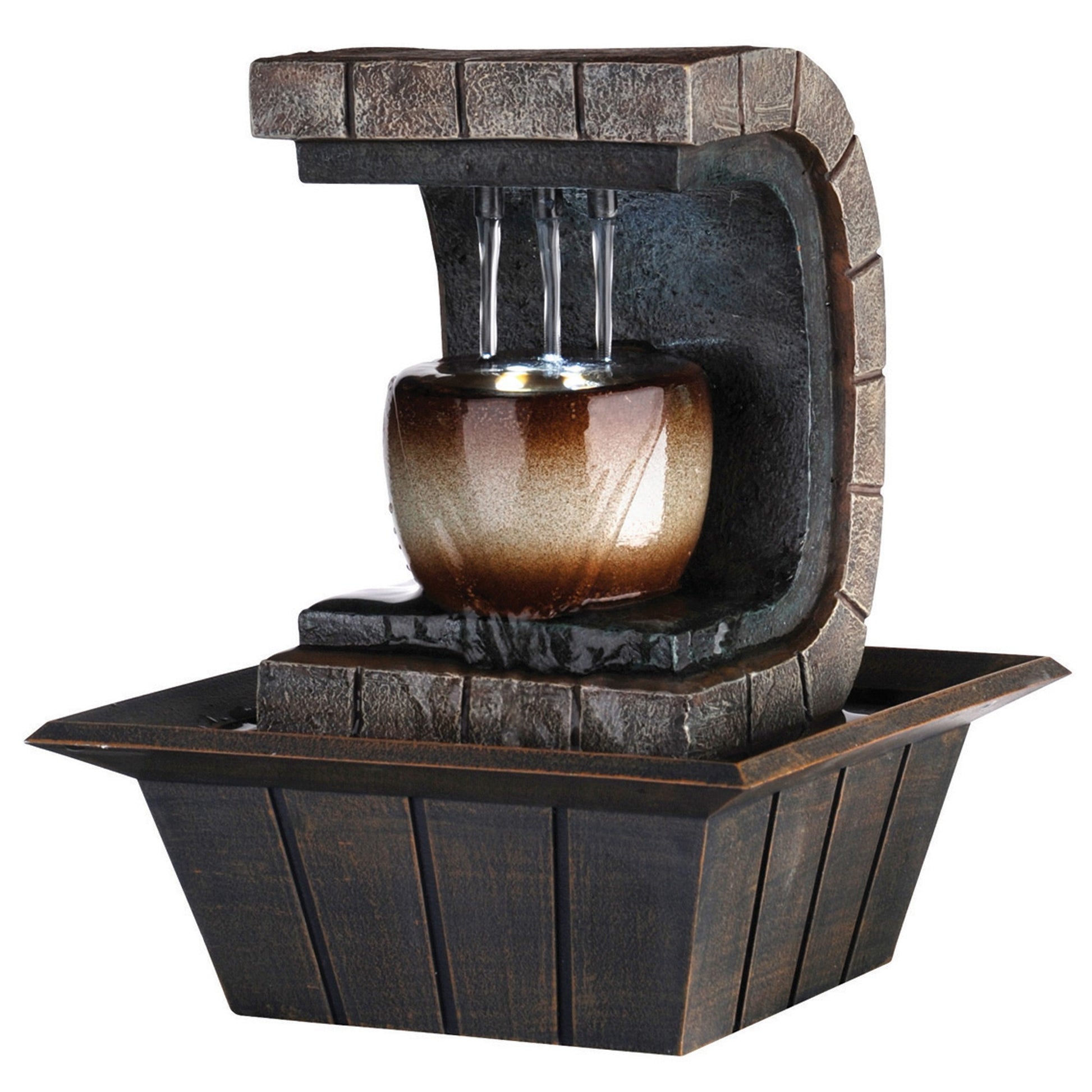 10" Brown Textured Polyresin Tabletop Fountain with LED Light-Sculptures-DECOROLALA