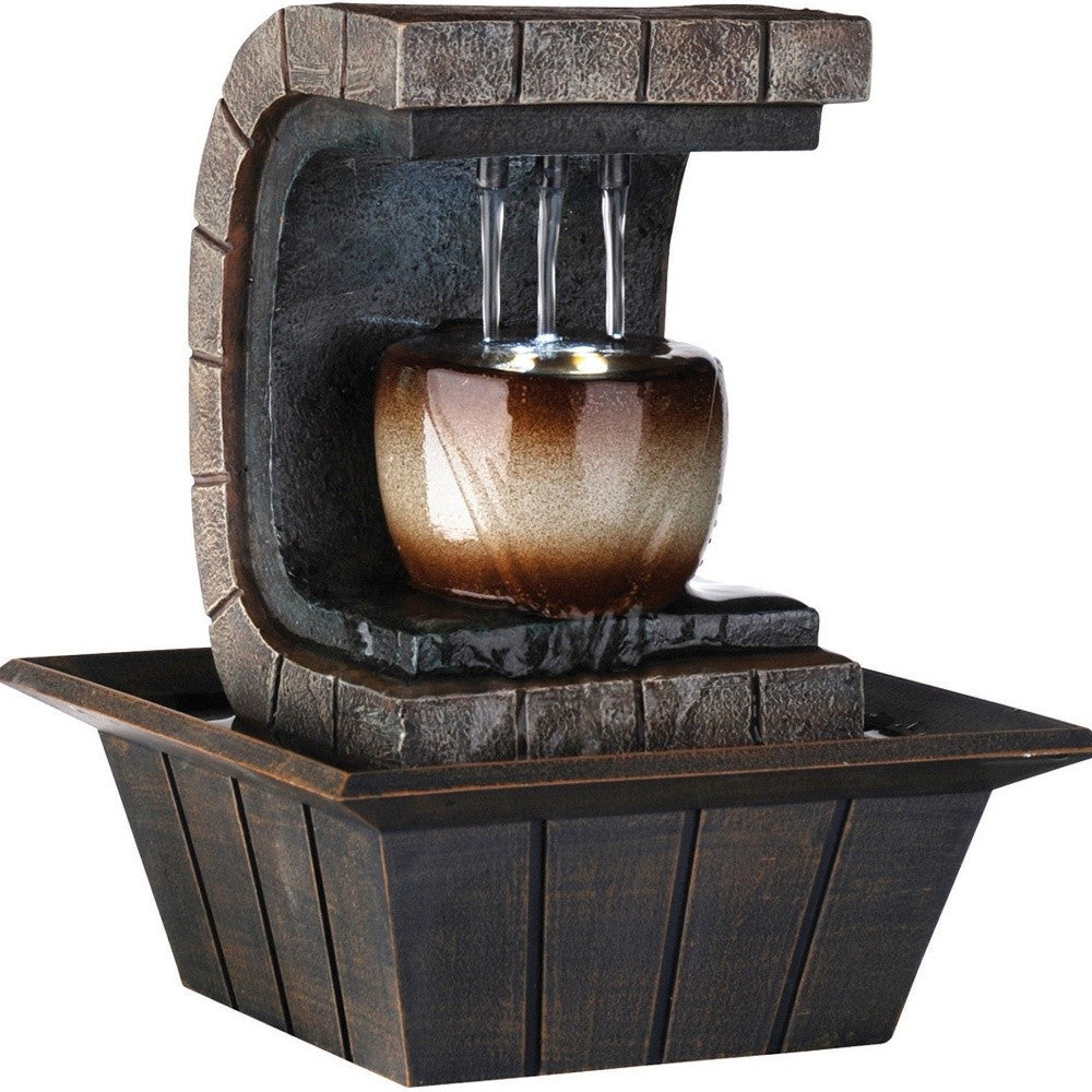 10" Brown Textured Polyresin Tabletop Fountain with LED Light-Sculptures-DECOROLALA
