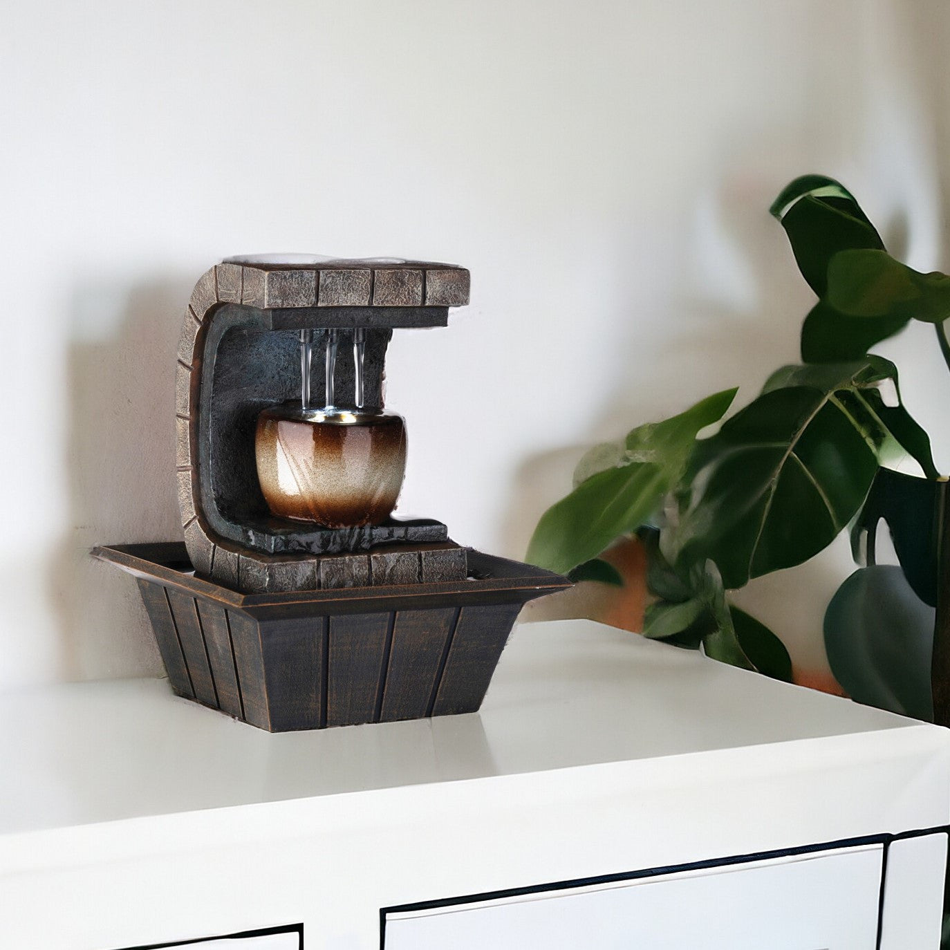 10" Brown Textured Polyresin Tabletop Fountain with LED Light-Sculptures-DECOROLALA