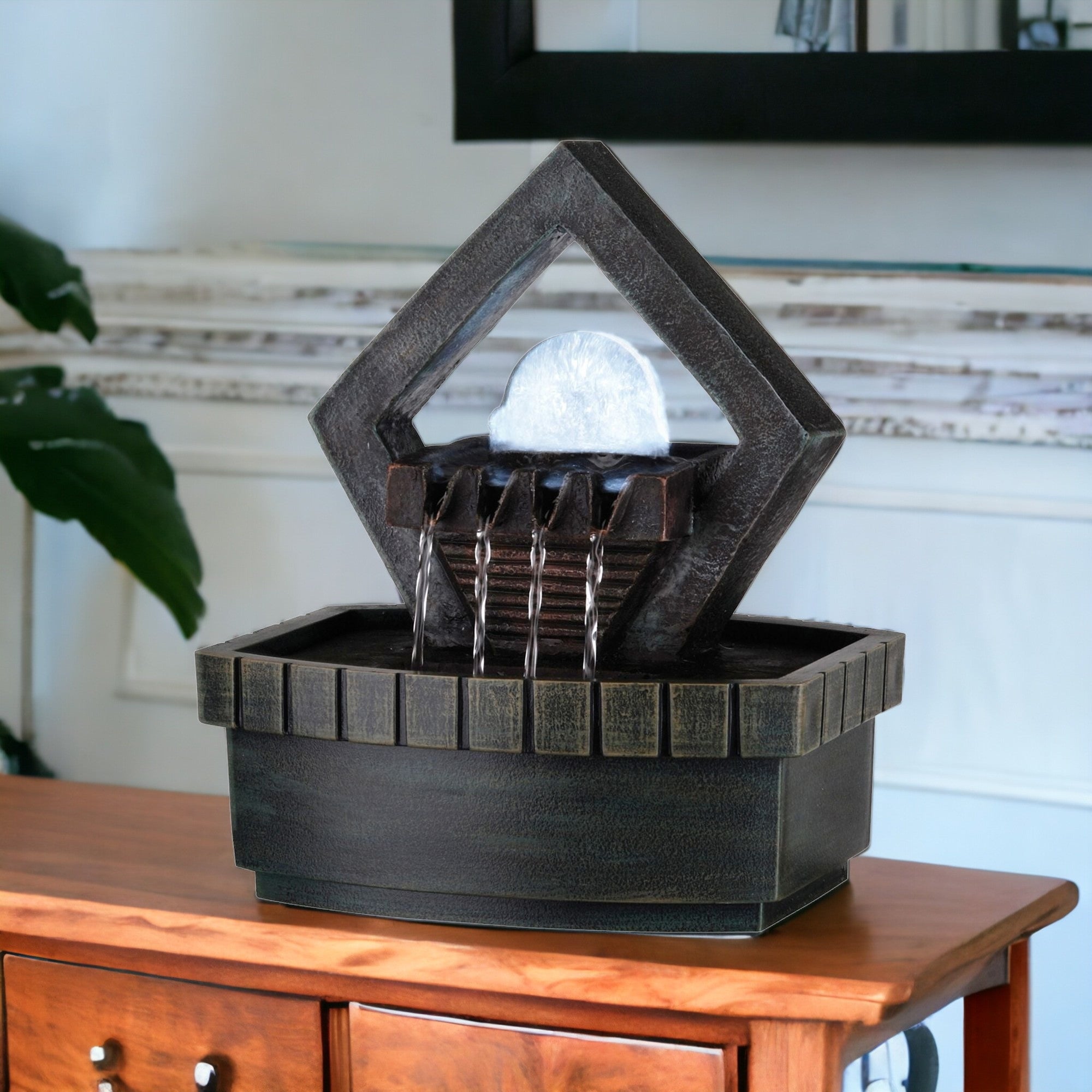 10" Brown Polyresin Geo and Pebbles Tabletop Fountain with LED Light-Sculptures-DECOROLALA
