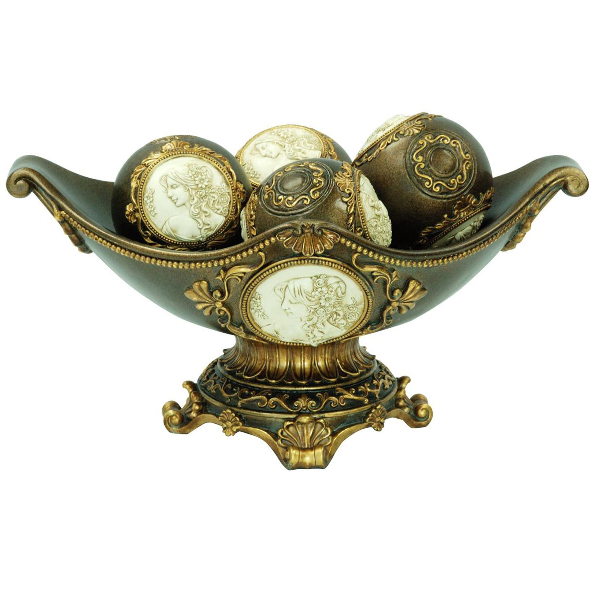 8" Bronze Polyresin Classical Greek Decorative Bowl With Orbs-Sculptures-DECOROLALA