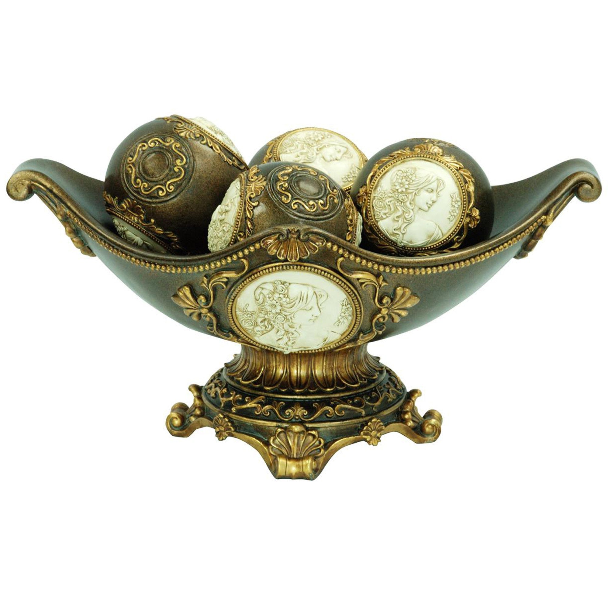 8" Bronze Polyresin Classical Greek Decorative Bowl With Orbs-Sculptures-DECOROLALA