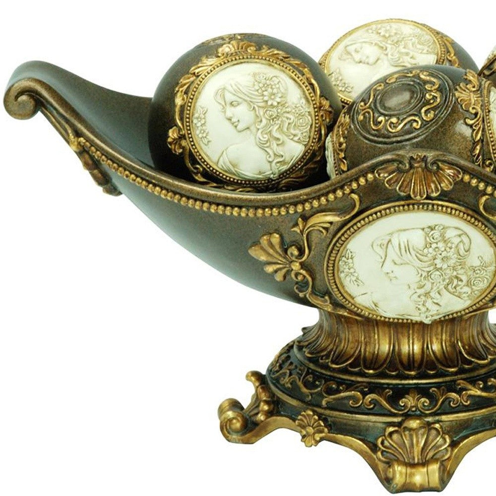 8" Bronze Polyresin Classical Greek Decorative Bowl With Orbs-Sculptures-DECOROLALA