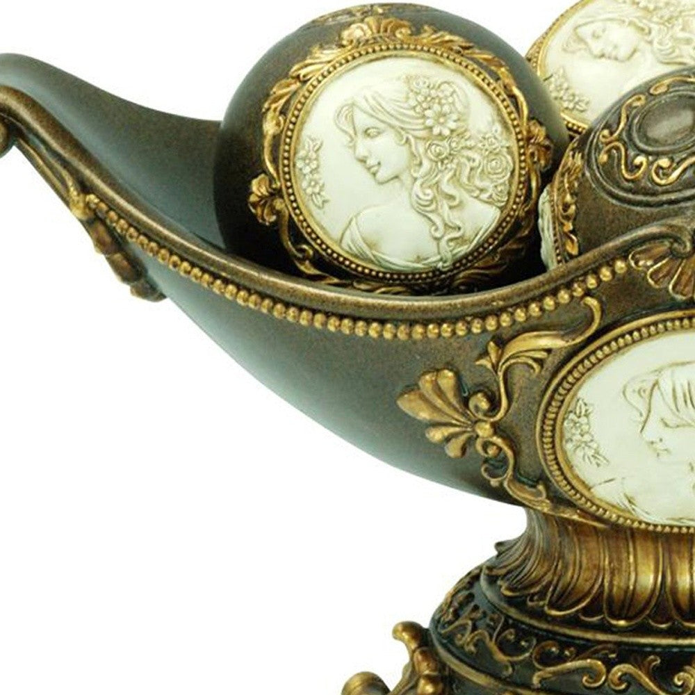 8" Bronze Polyresin Classical Greek Decorative Bowl With Orbs-Sculptures-DECOROLALA