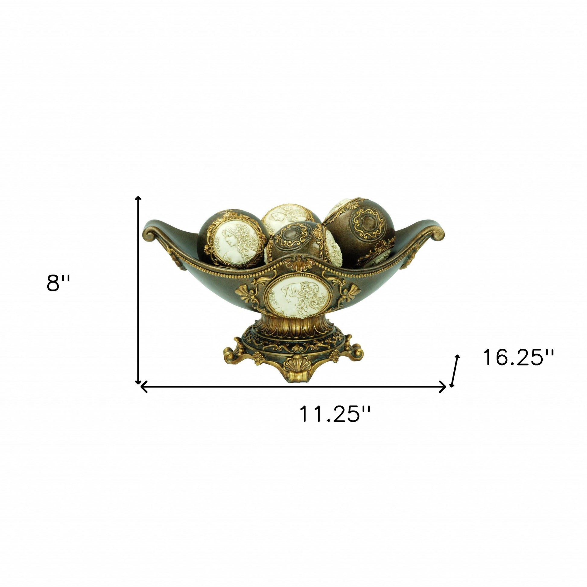 8" Bronze Polyresin Classical Greek Decorative Bowl With Orbs-Sculptures-DECOROLALA