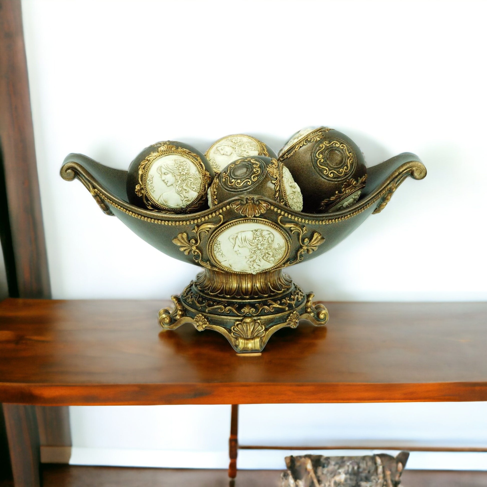 8" Bronze Polyresin Classical Greek Decorative Bowl With Orbs-Sculptures-DECOROLALA