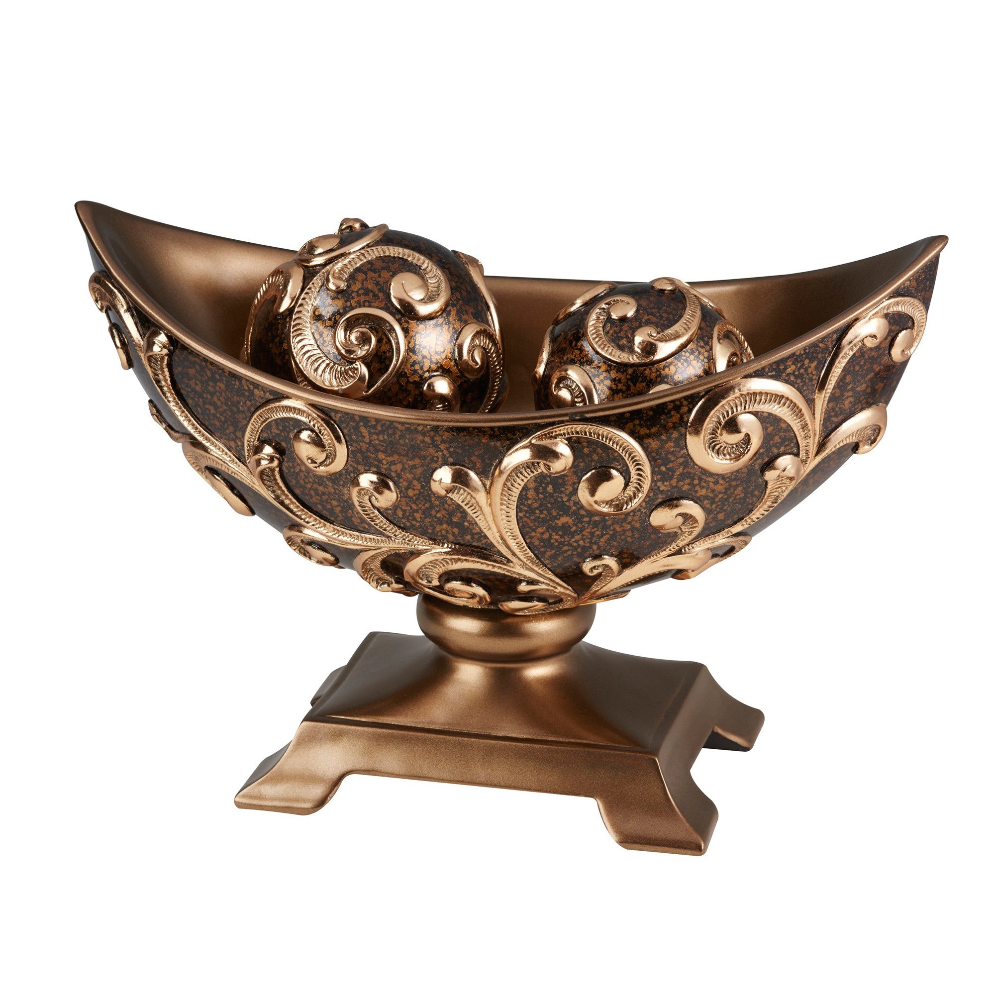 11" Brown And Gold Polyresin Decorative Bowl With Orbs-Sculptures-DECOROLALA