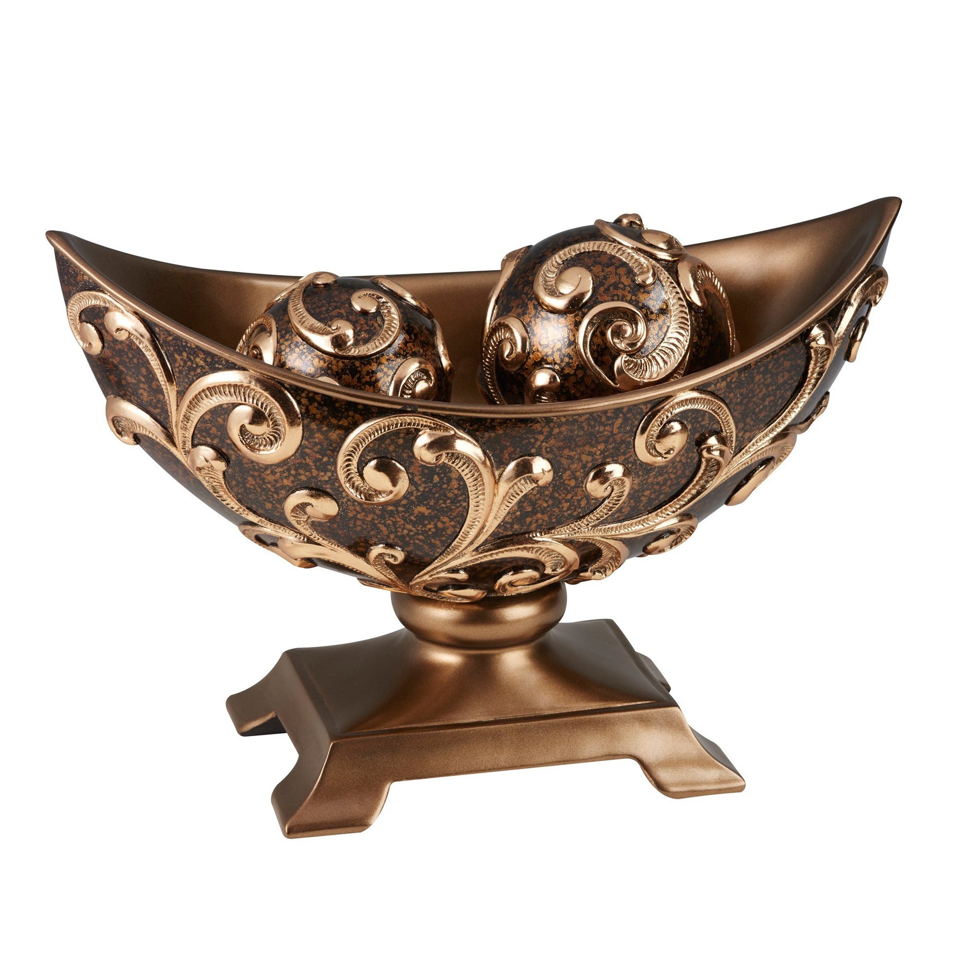 11" Brown And Gold Polyresin Decorative Bowl With Orbs-Sculptures-DECOROLALA