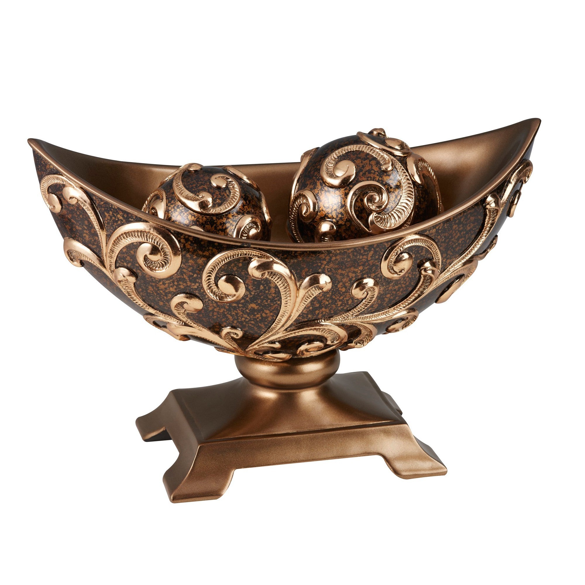 11" Brown And Gold Polyresin Decorative Bowl With Orbs-Sculptures-DECOROLALA